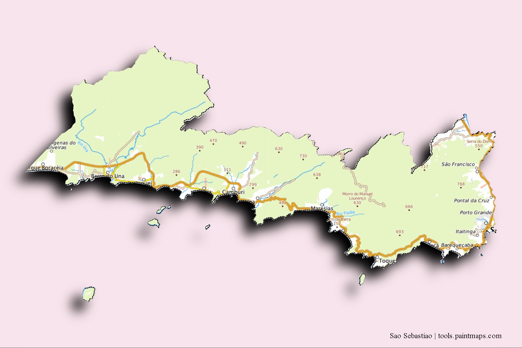 Sao Sebastiao neighborhoods and villages map with 3D shadow effect