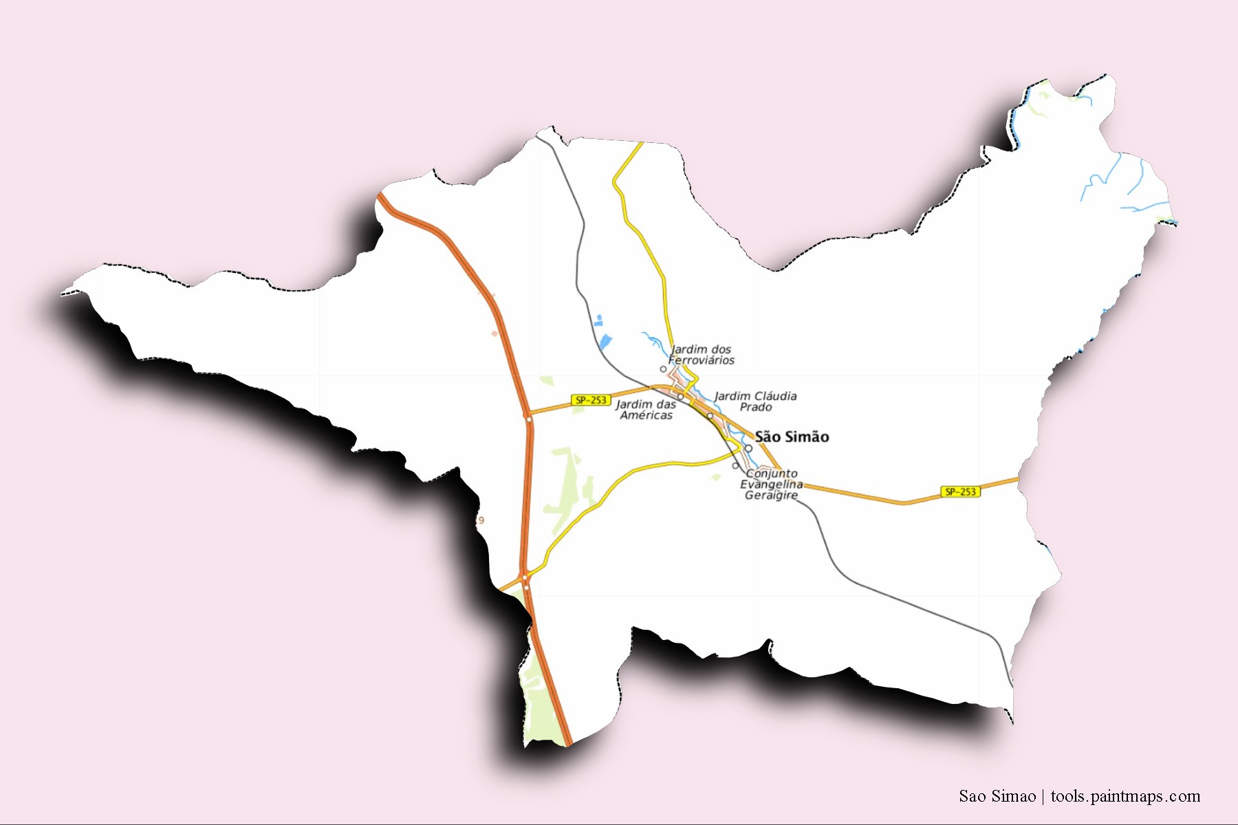 Mapa de barrios y pueblos de Sao Simao con efecto de sombra 3D