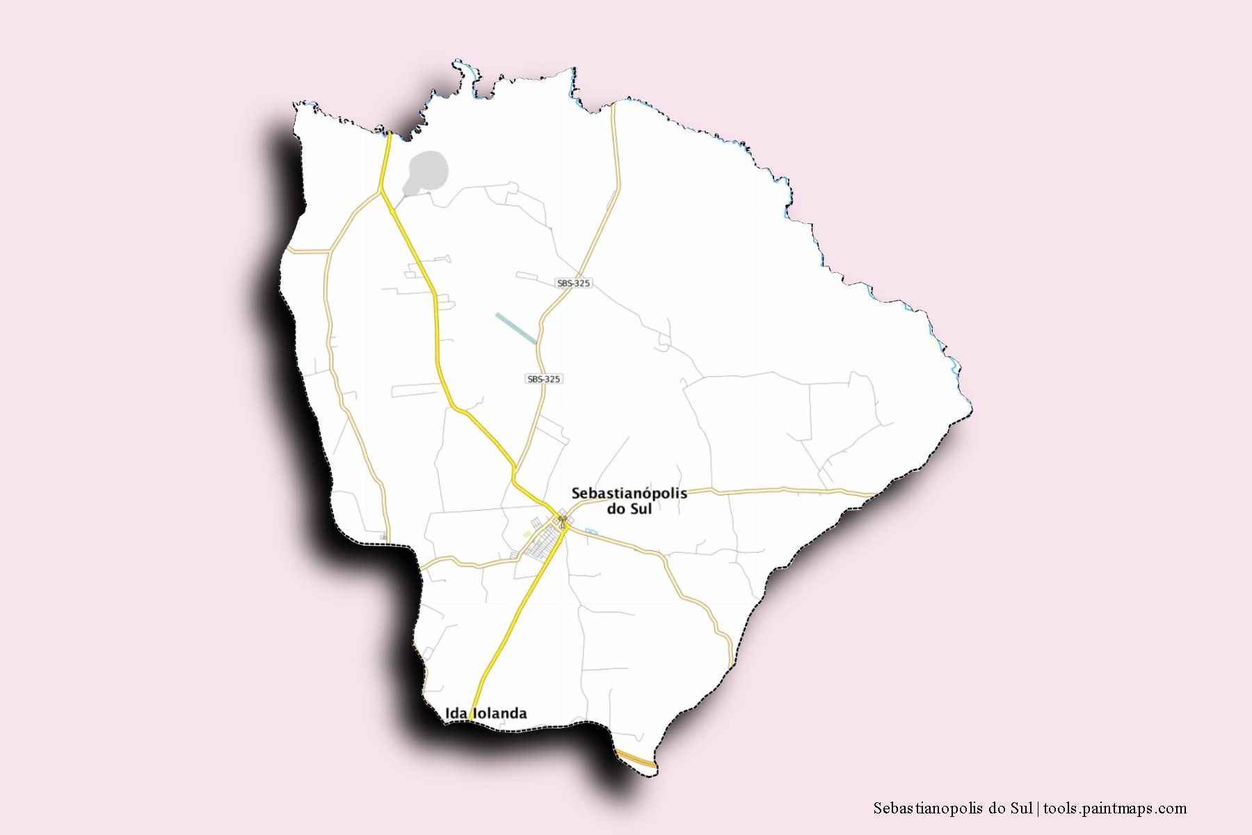 Mapa de barrios y pueblos de Sebastianopolis do Sul con efecto de sombra 3D