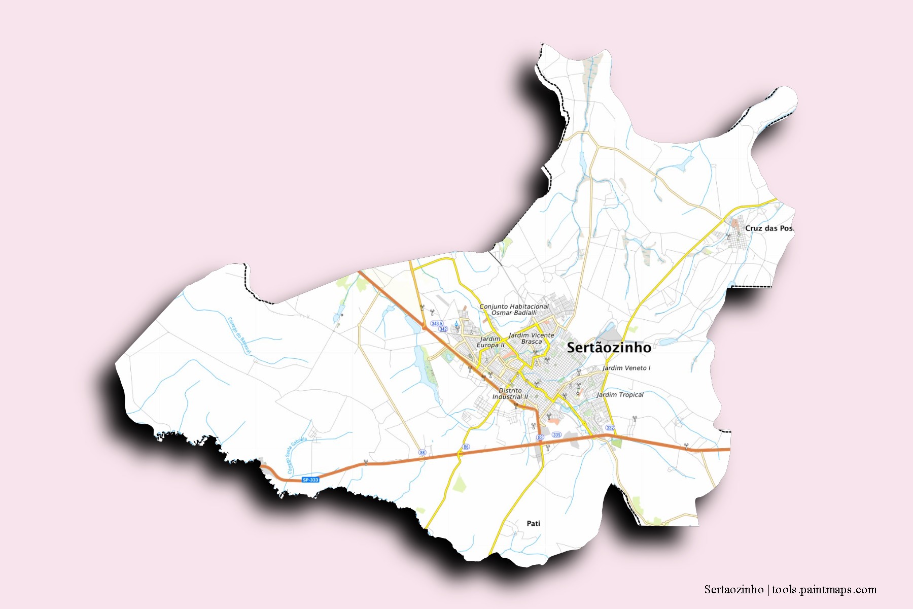 Mapa de barrios y pueblos de Sertaozinho con efecto de sombra 3D