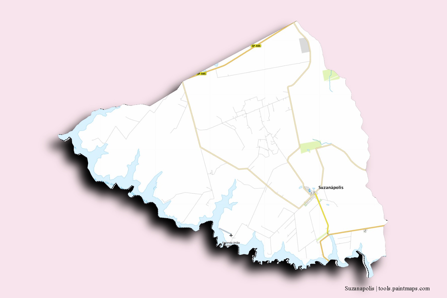 Mapa de barrios y pueblos de Suzanapolis con efecto de sombra 3D