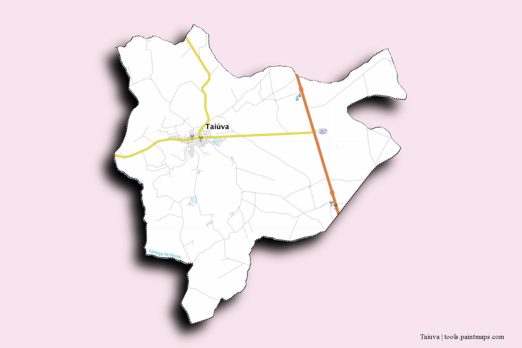 Mapa de barrios y pueblos de Taiuva con efecto de sombra 3D