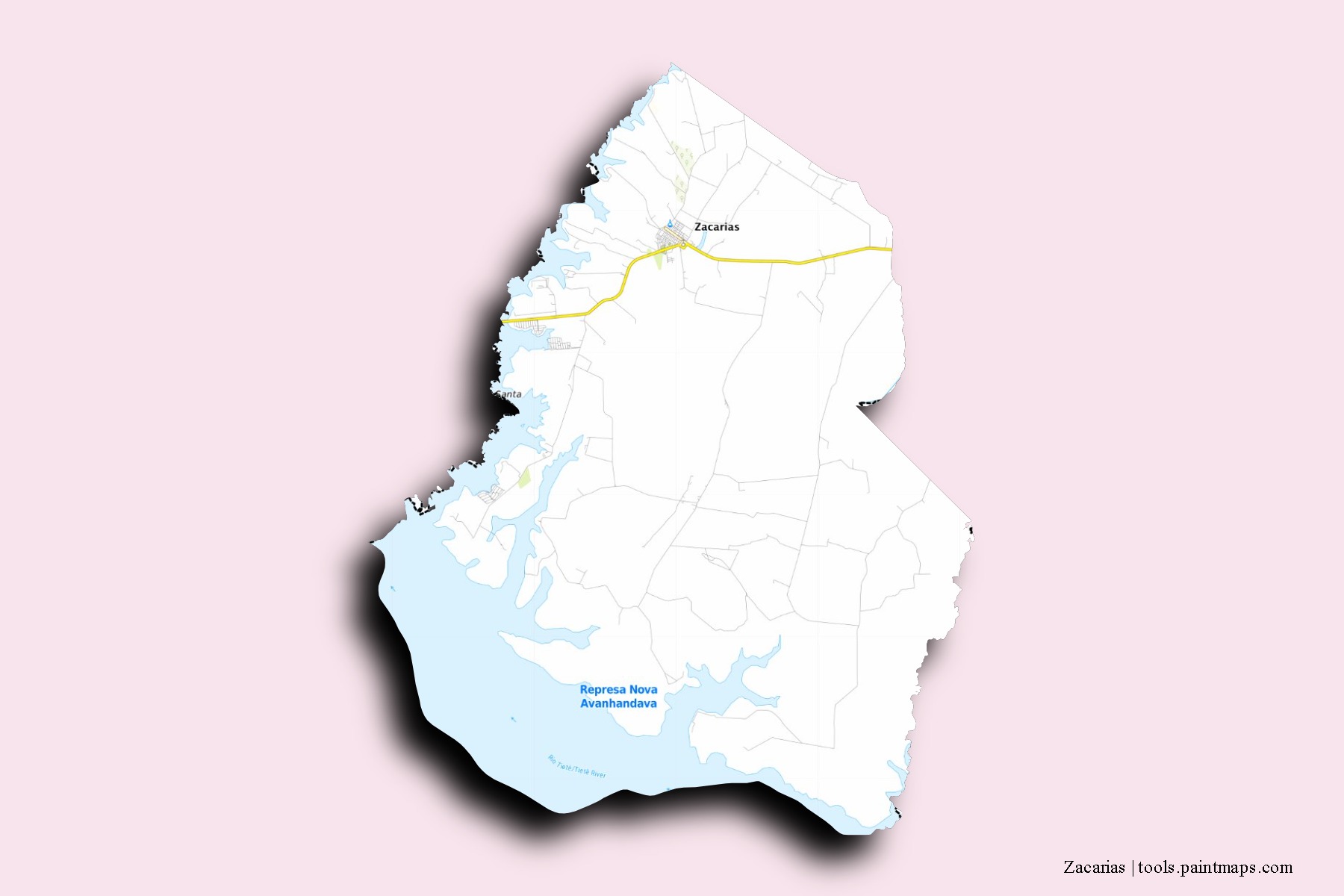 Zacarias neighborhoods and villages map with 3D shadow effect