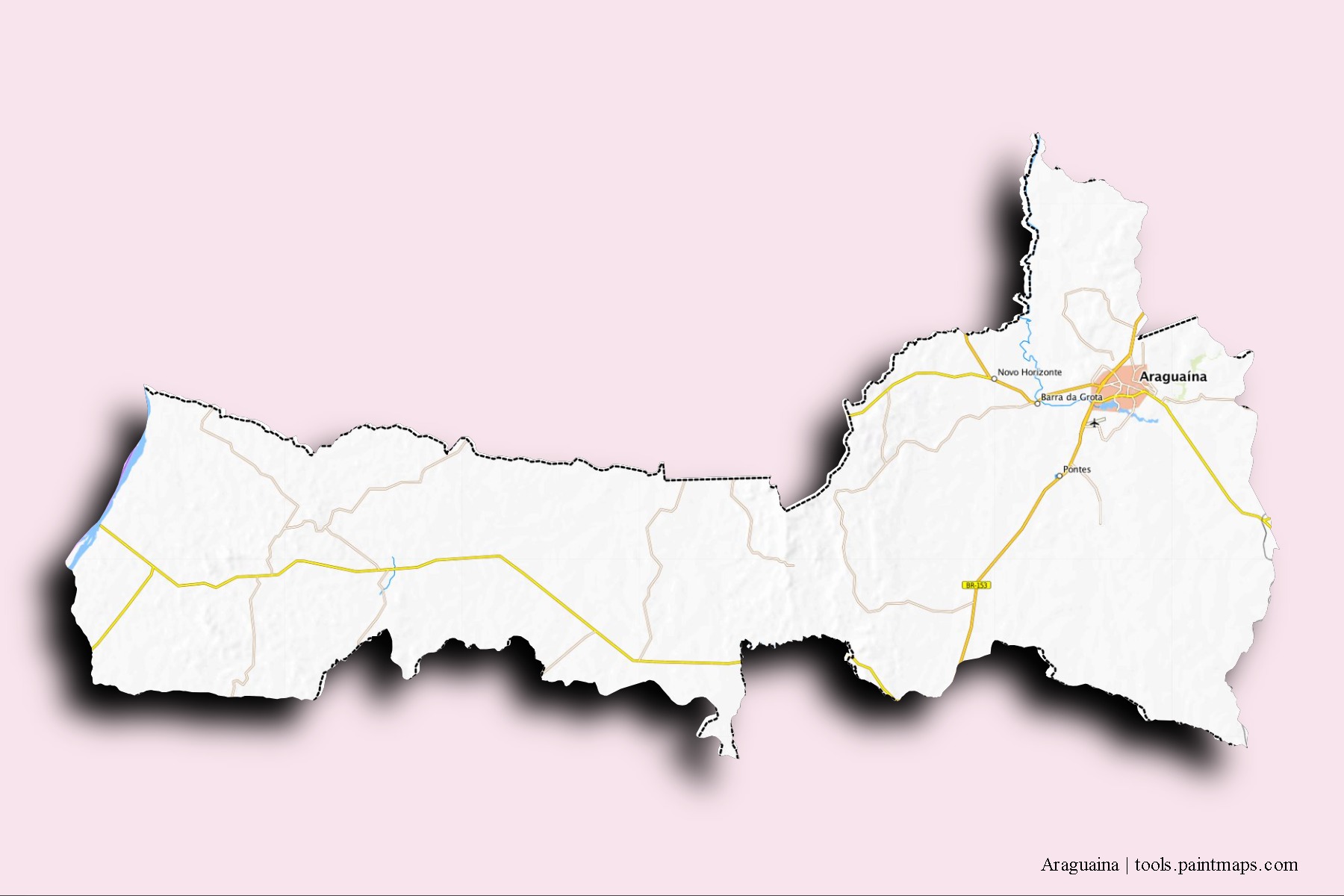 Mapa de barrios y pueblos de Araguaina con efecto de sombra 3D