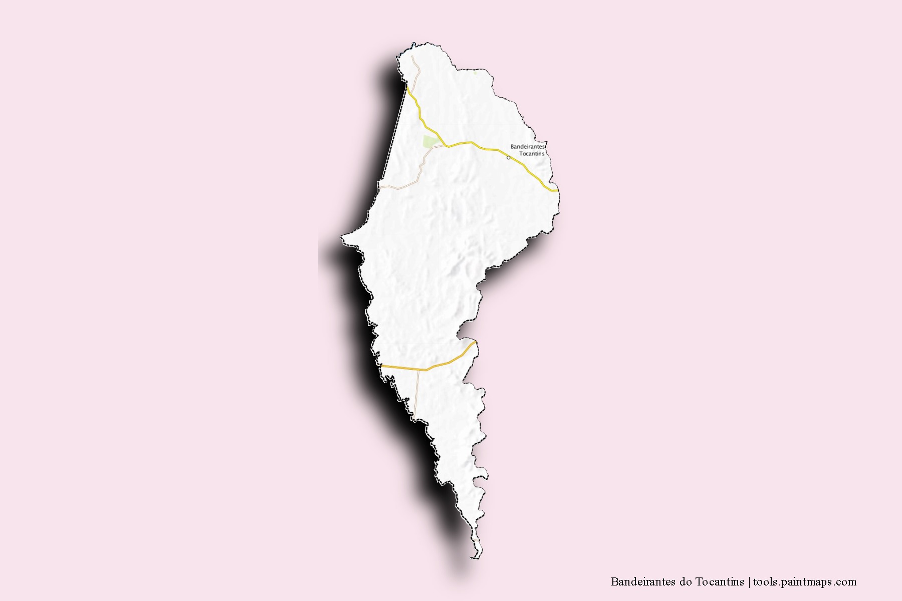 Mapa de barrios y pueblos de Bandeirantes do Tocantins con efecto de sombra 3D