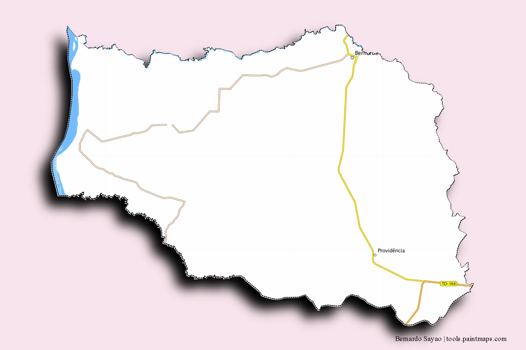 Mapa de barrios y pueblos de Bernardo Sayao con efecto de sombra 3D