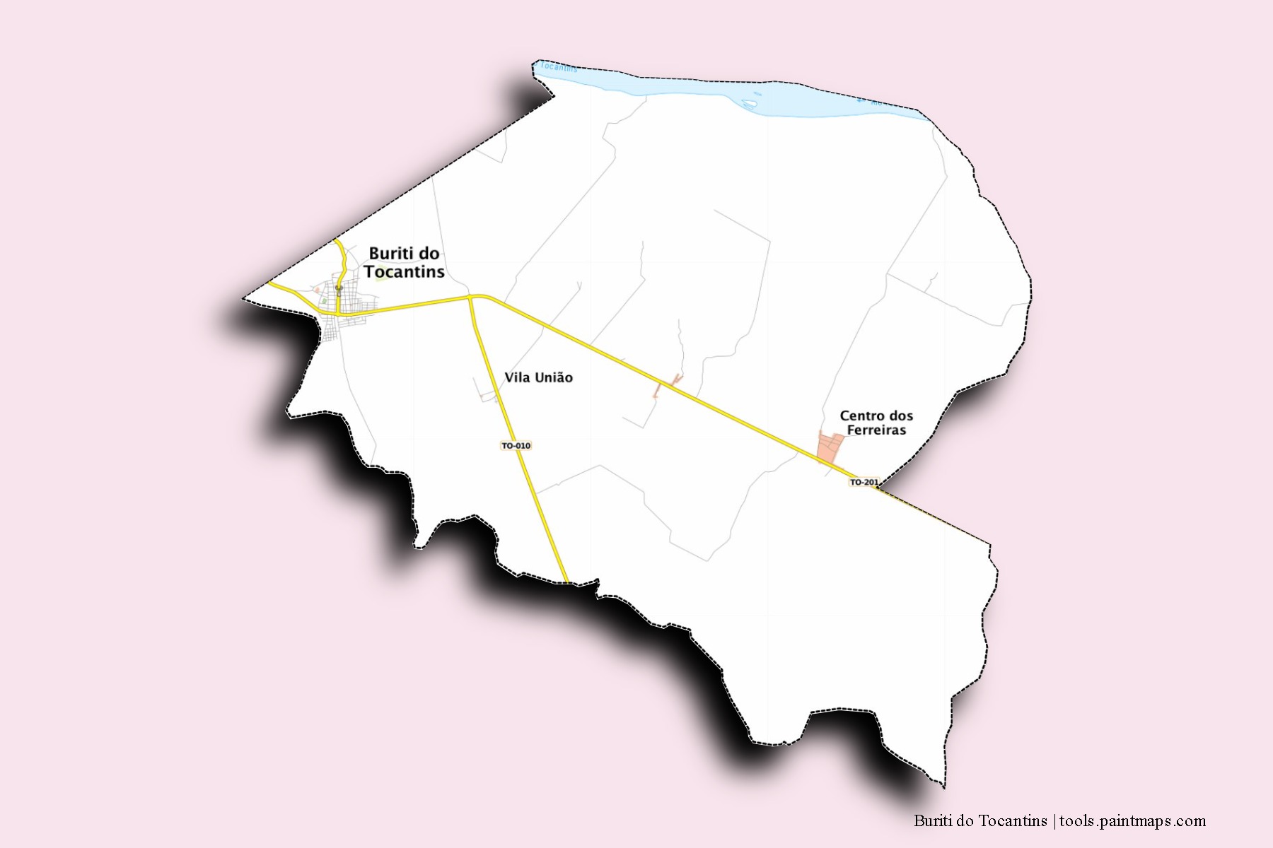 Mapa de barrios y pueblos de Buriti do Tocantins con efecto de sombra 3D