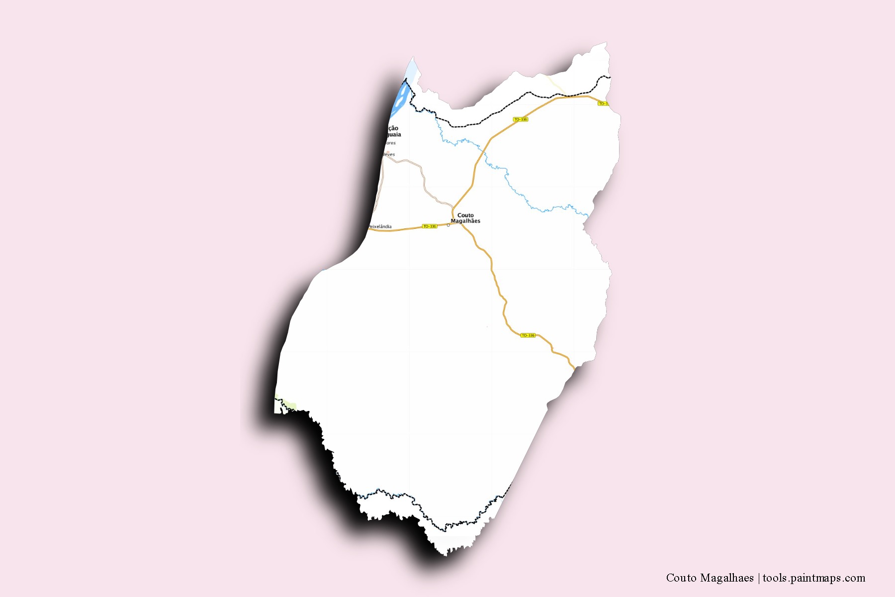 Mapa de barrios y pueblos de Couto Magalhaes con efecto de sombra 3D