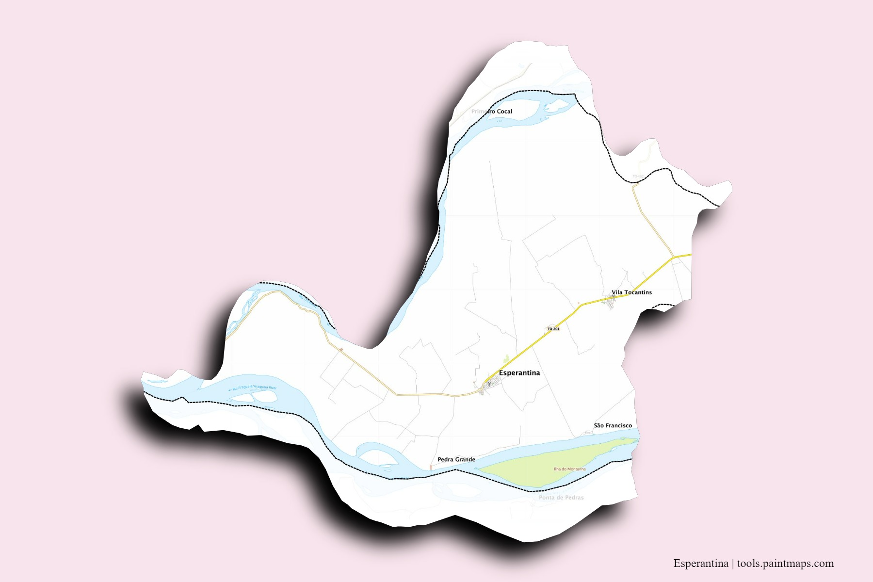 Esperantina neighborhoods and villages map with 3D shadow effect