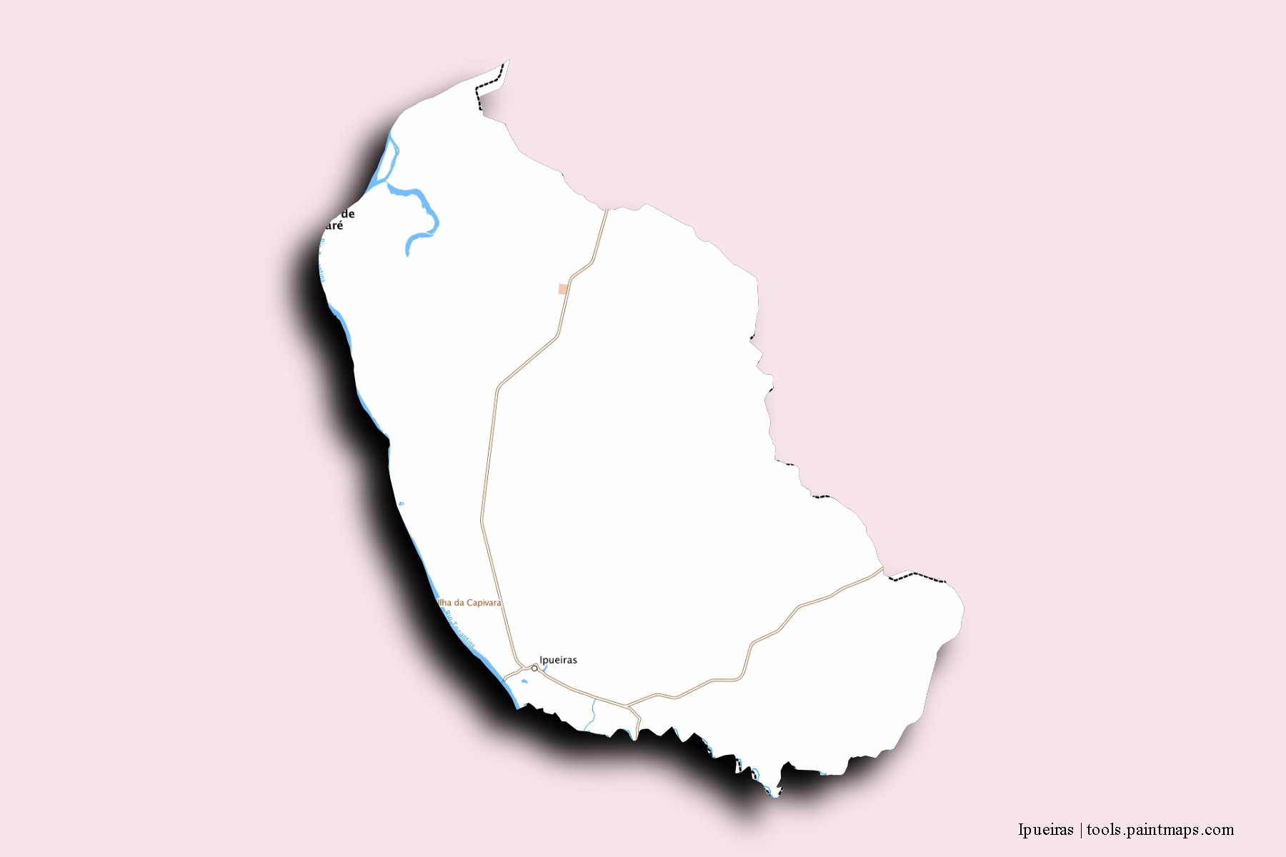 Mapa de barrios y pueblos de Ipueiras con efecto de sombra 3D