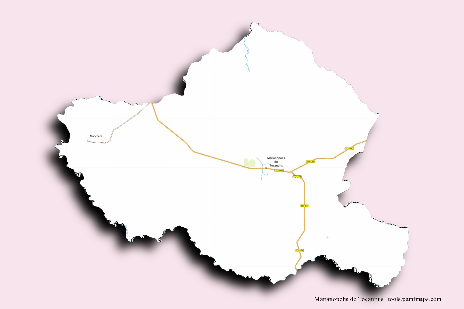 Mapa de barrios y pueblos de Marianopolis do Tocantins con efecto de sombra 3D