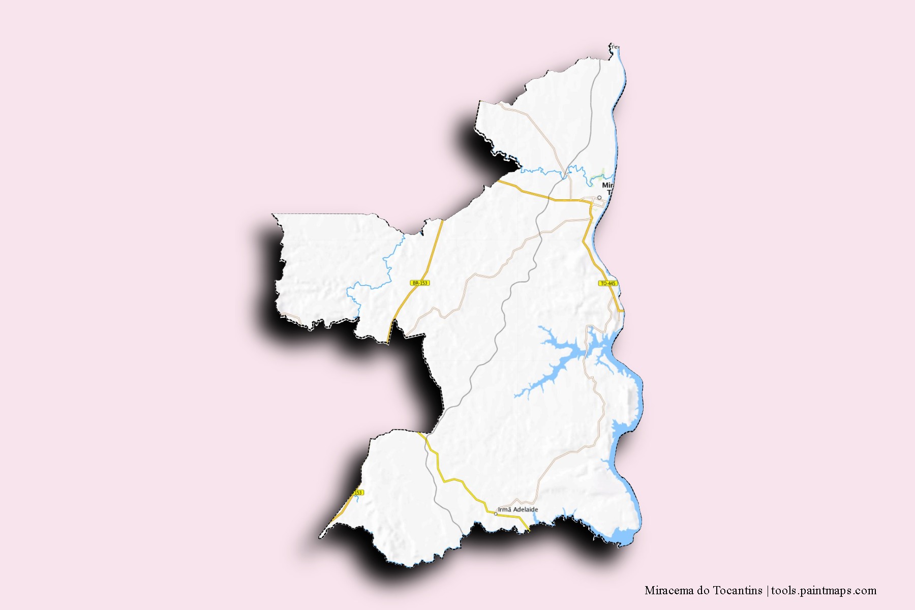 Mapa de barrios y pueblos de Miracema do Tocantins con efecto de sombra 3D