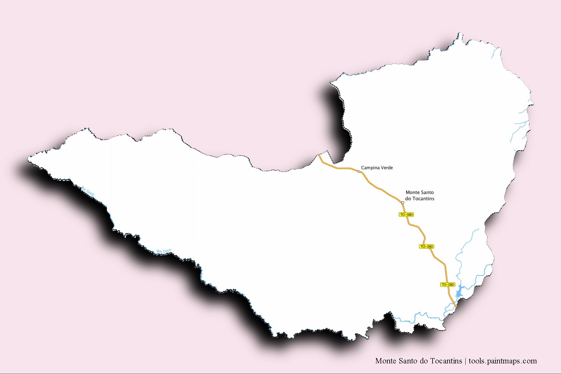 3D gölge efektli Monte Santo do Tocantins mahalleleri ve köyleri haritası