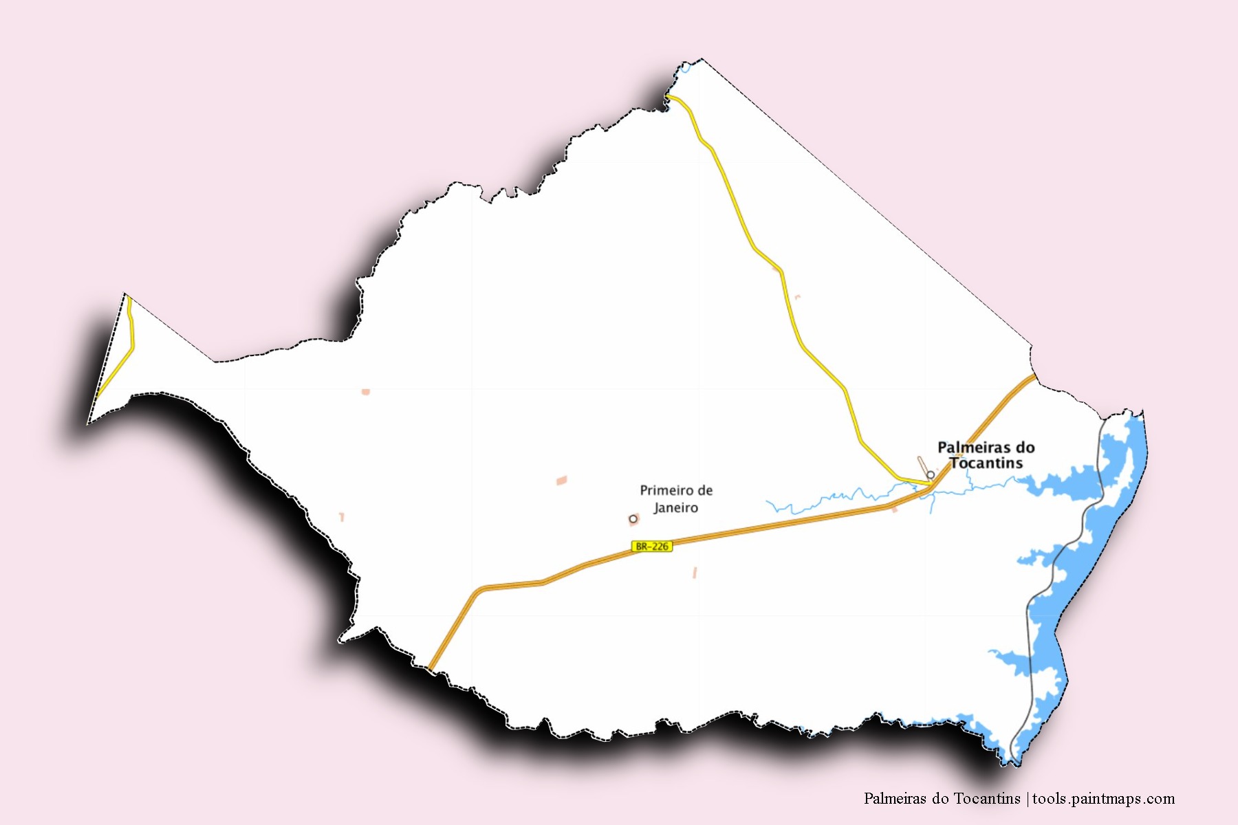 Mapa de barrios y pueblos de Palmeiras do Tocantins con efecto de sombra 3D