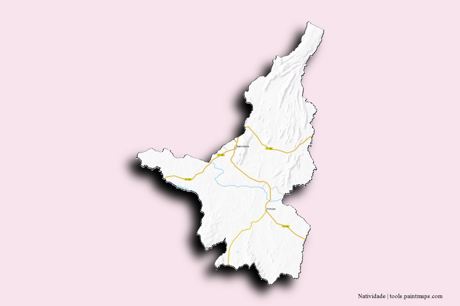 Mapa de barrios y pueblos de Natividade con efecto de sombra 3D