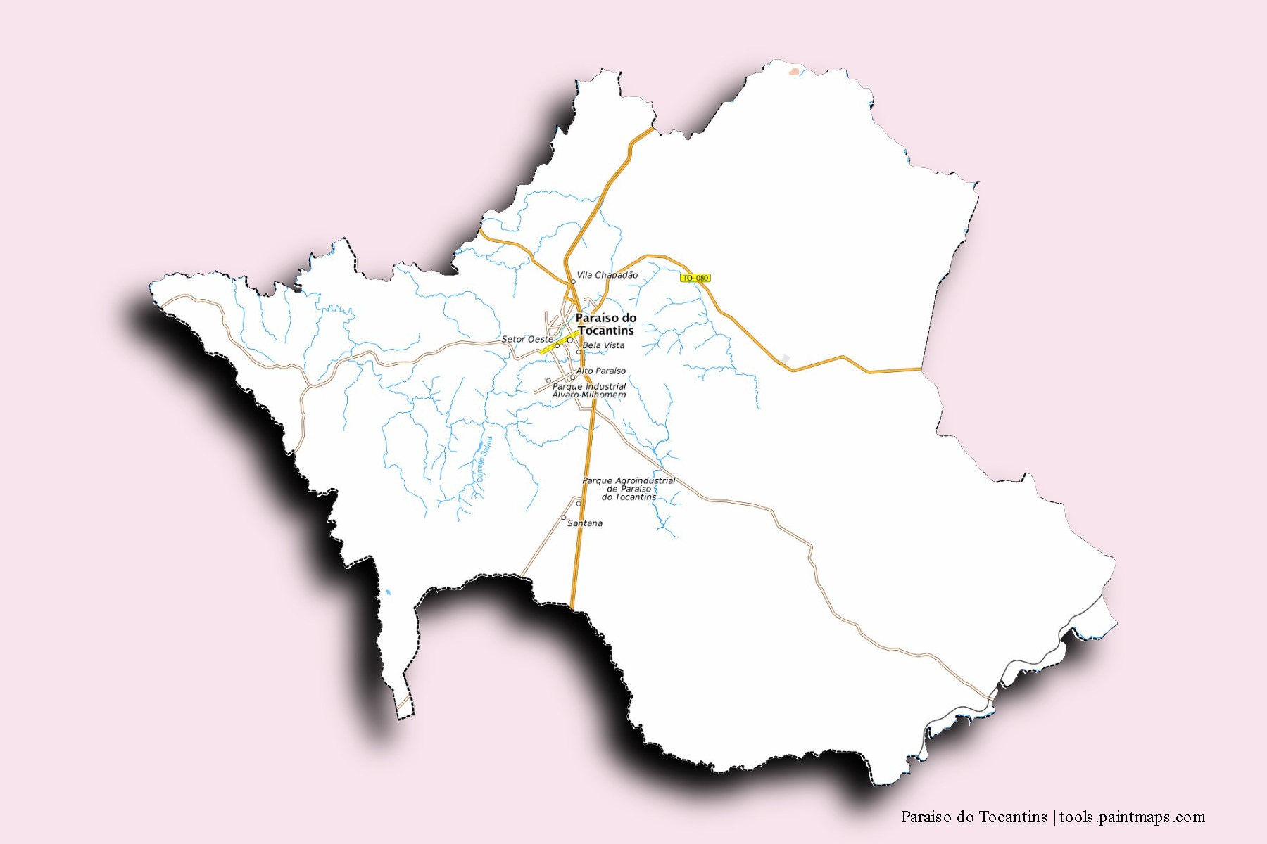 Paraiso do Tocantins neighborhoods and villages map with 3D shadow effect