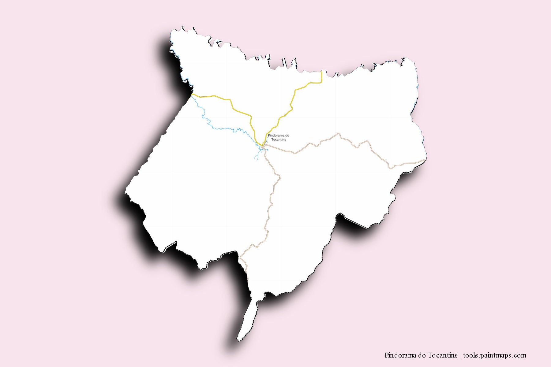 Mapa de barrios y pueblos de Pindorama do Tocantins con efecto de sombra 3D