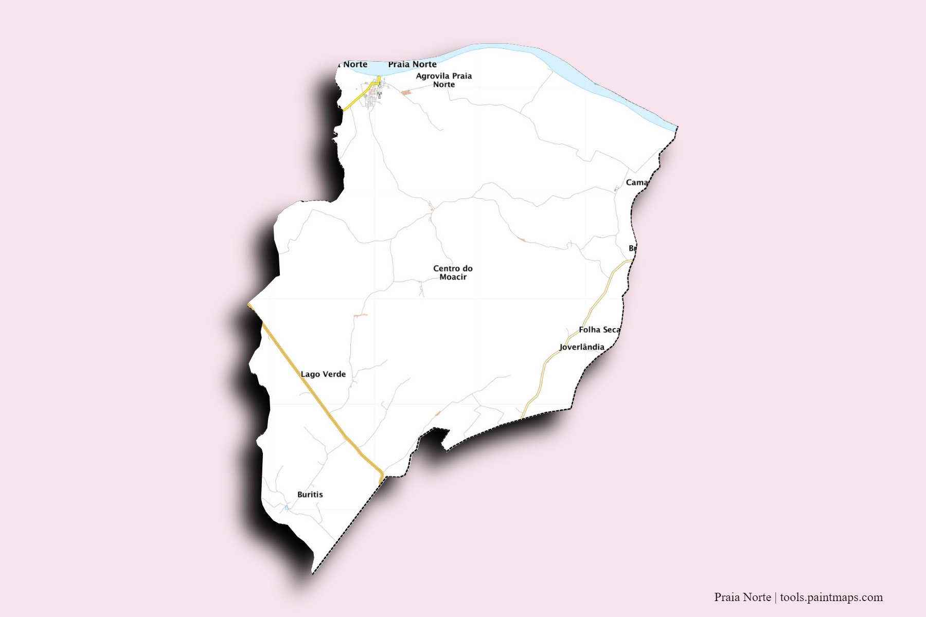 Mapa de barrios y pueblos de Praia Norte con efecto de sombra 3D