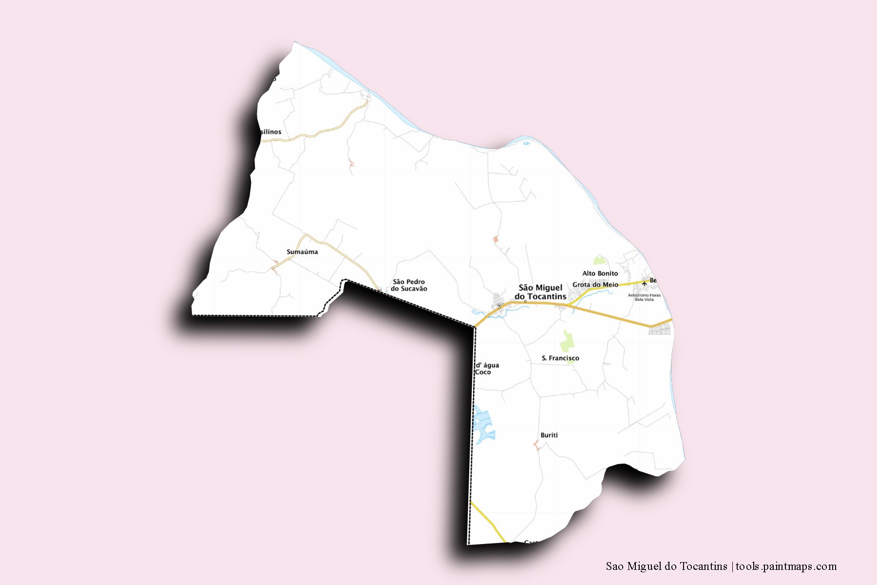 Mapa de barrios y pueblos de Sao Miguel do Tocantins con efecto de sombra 3D