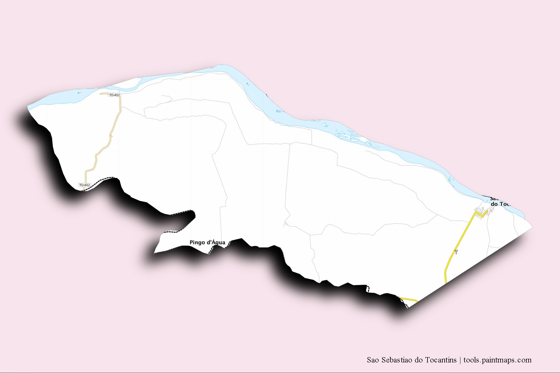 3D gölge efektli Sao Sebastiao do Tocantins mahalleleri ve köyleri haritası