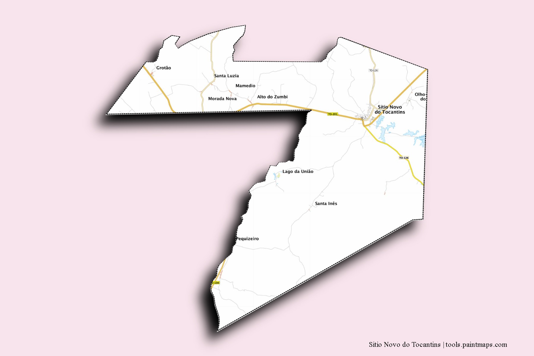 Mapa de barrios y pueblos de Sitio Novo do Tocantins con efecto de sombra 3D