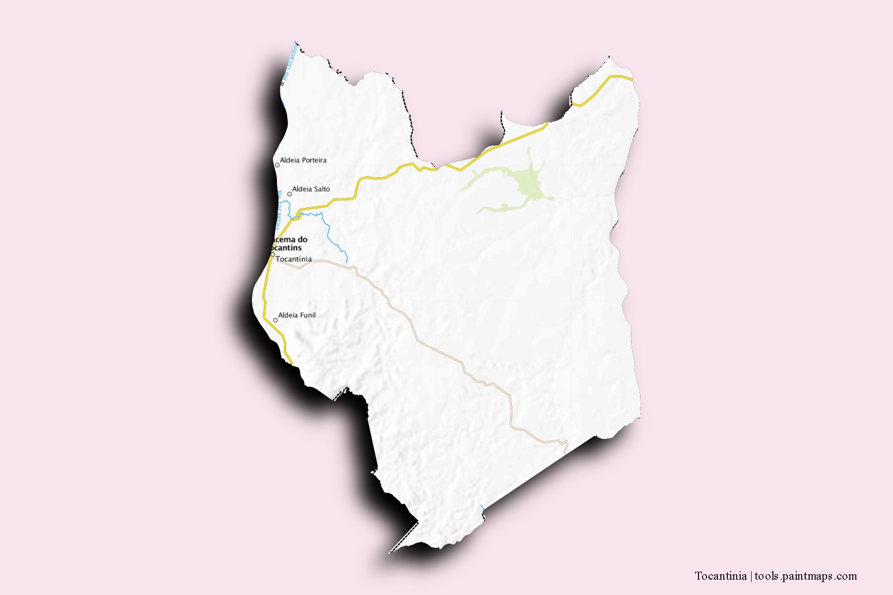 Mapa de barrios y pueblos de Tocantinia con efecto de sombra 3D