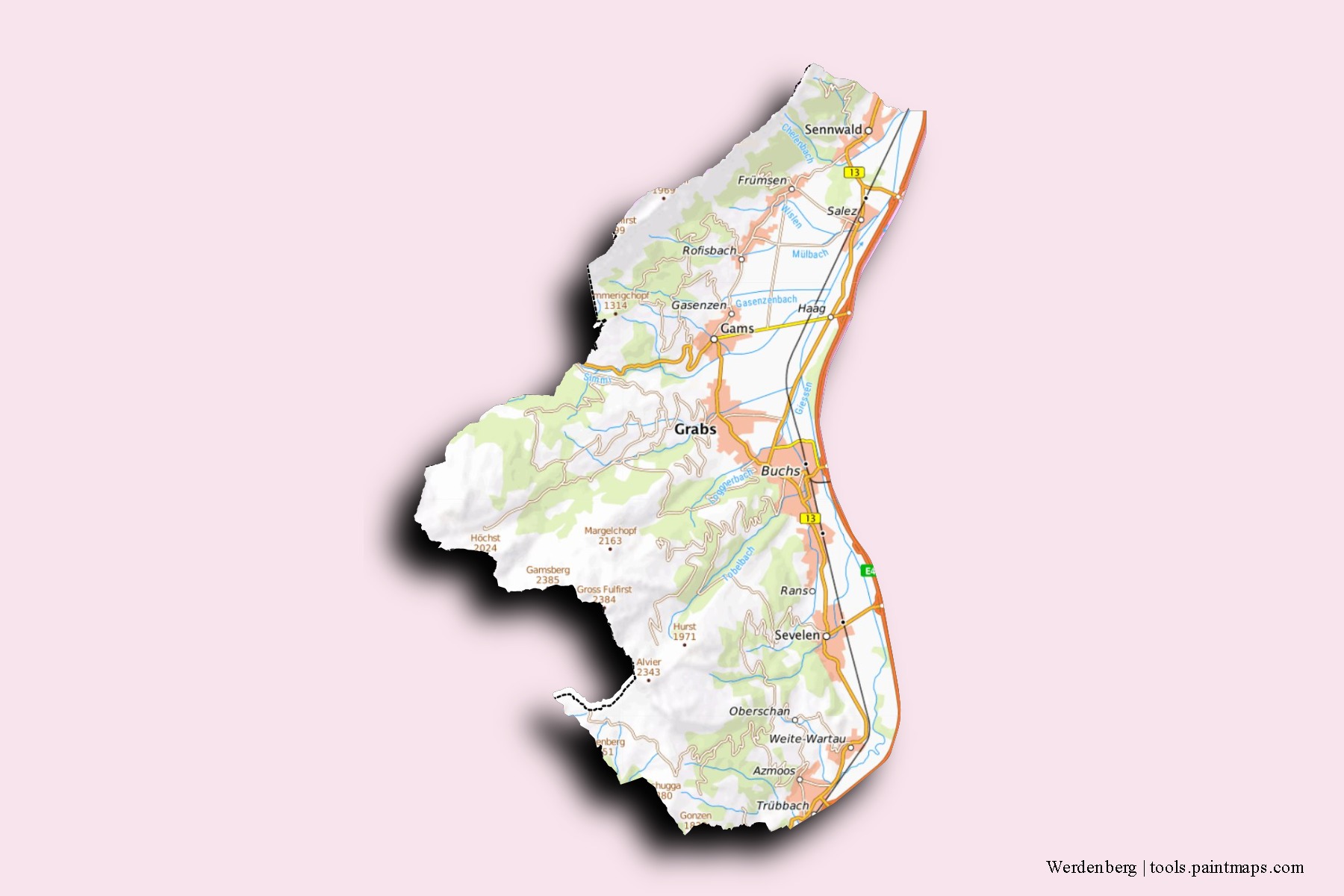 3D gölge efektli Werdenberg mahalleleri ve köyleri haritası
