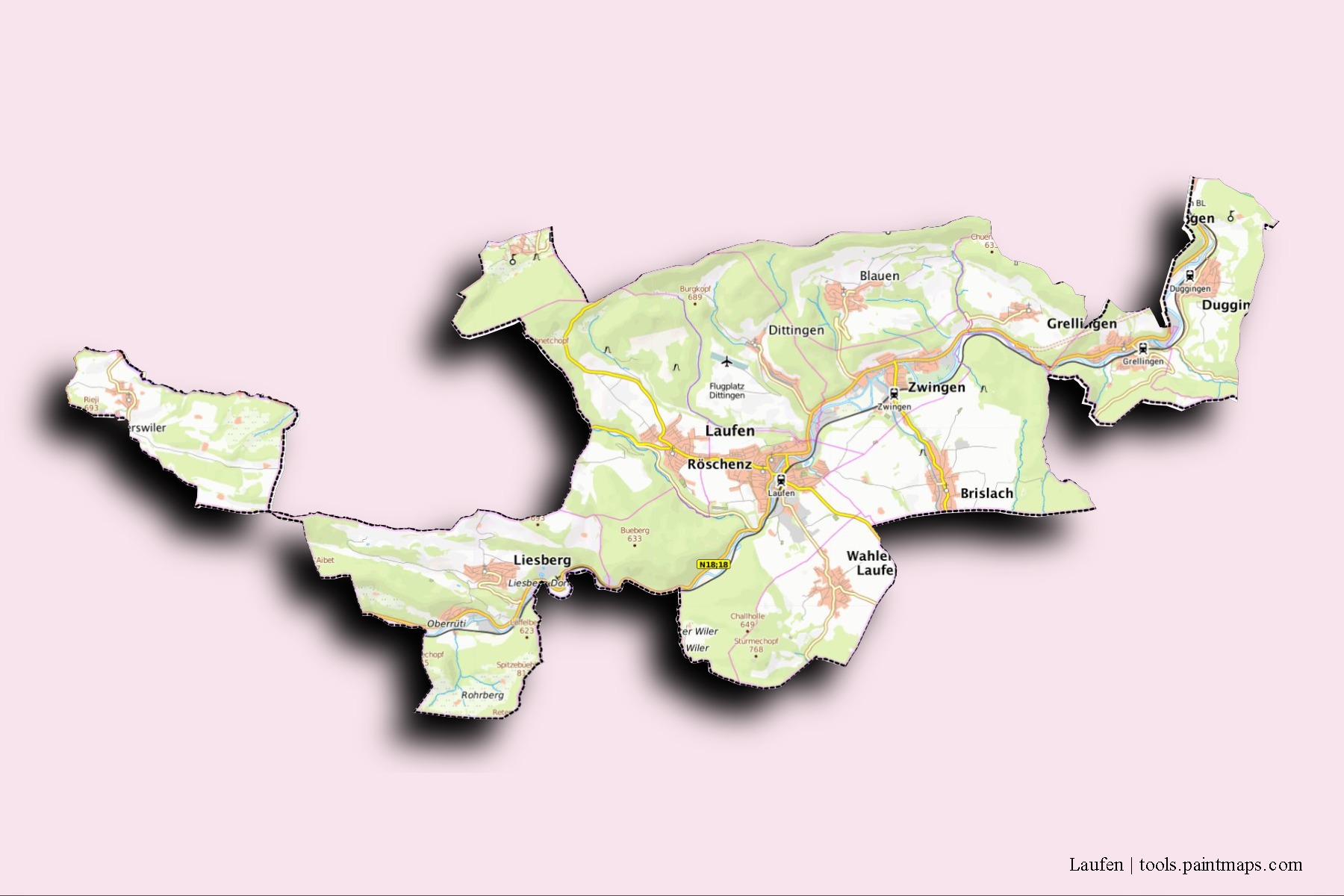 Laufen neighborhoods and villages map with 3D shadow effect