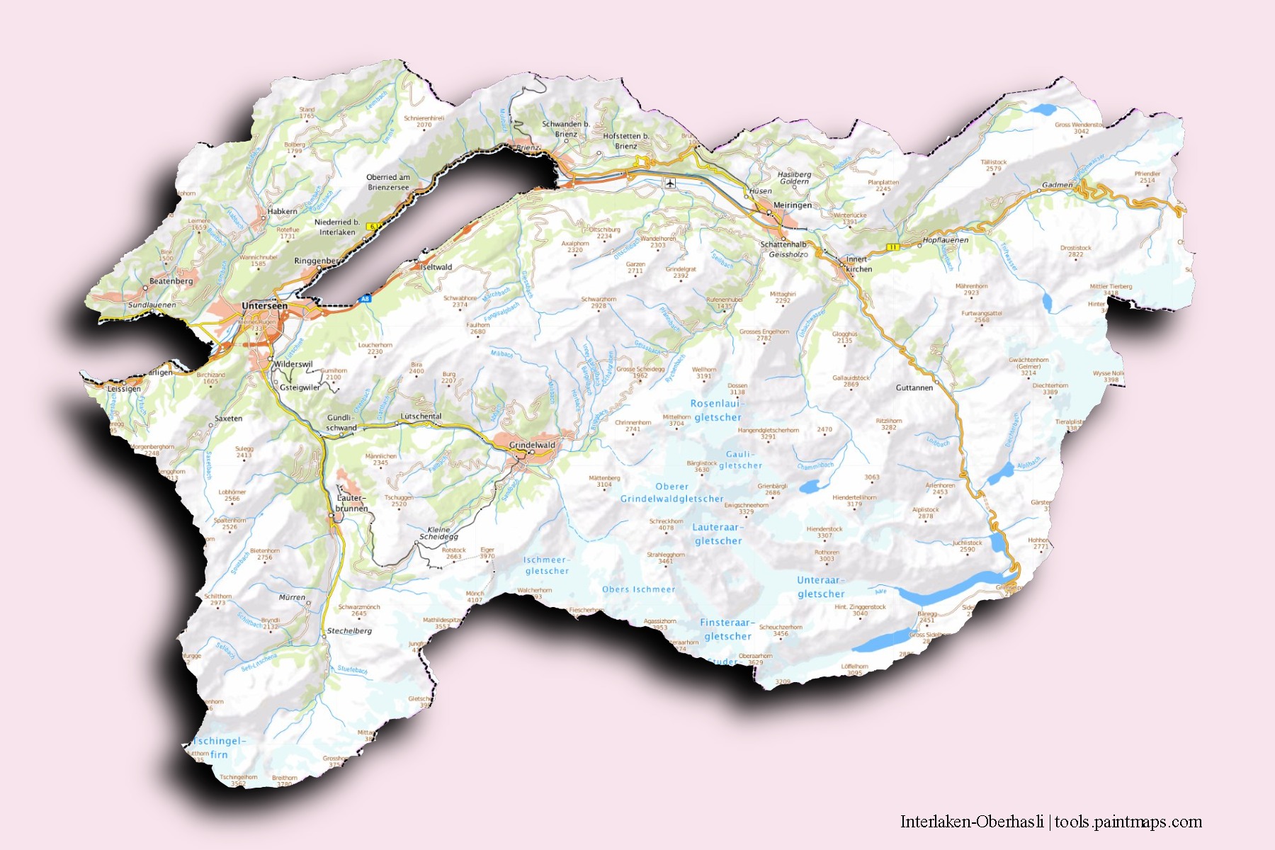 3D gölge efektli Interlaken-Oberhasli mahalleleri ve köyleri haritası