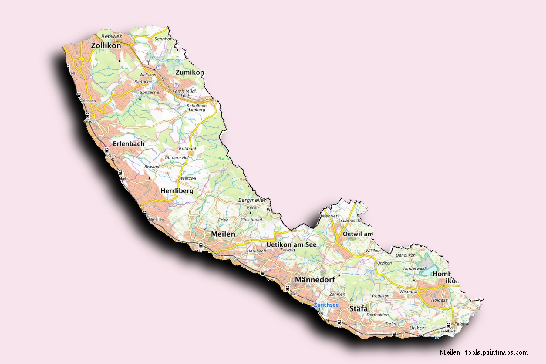 Mapa de barrios y pueblos de Meilen con efecto de sombra 3D