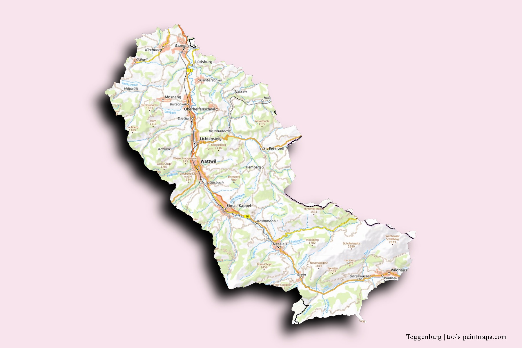 Toggenburg neighborhoods and villages map with 3D shadow effect