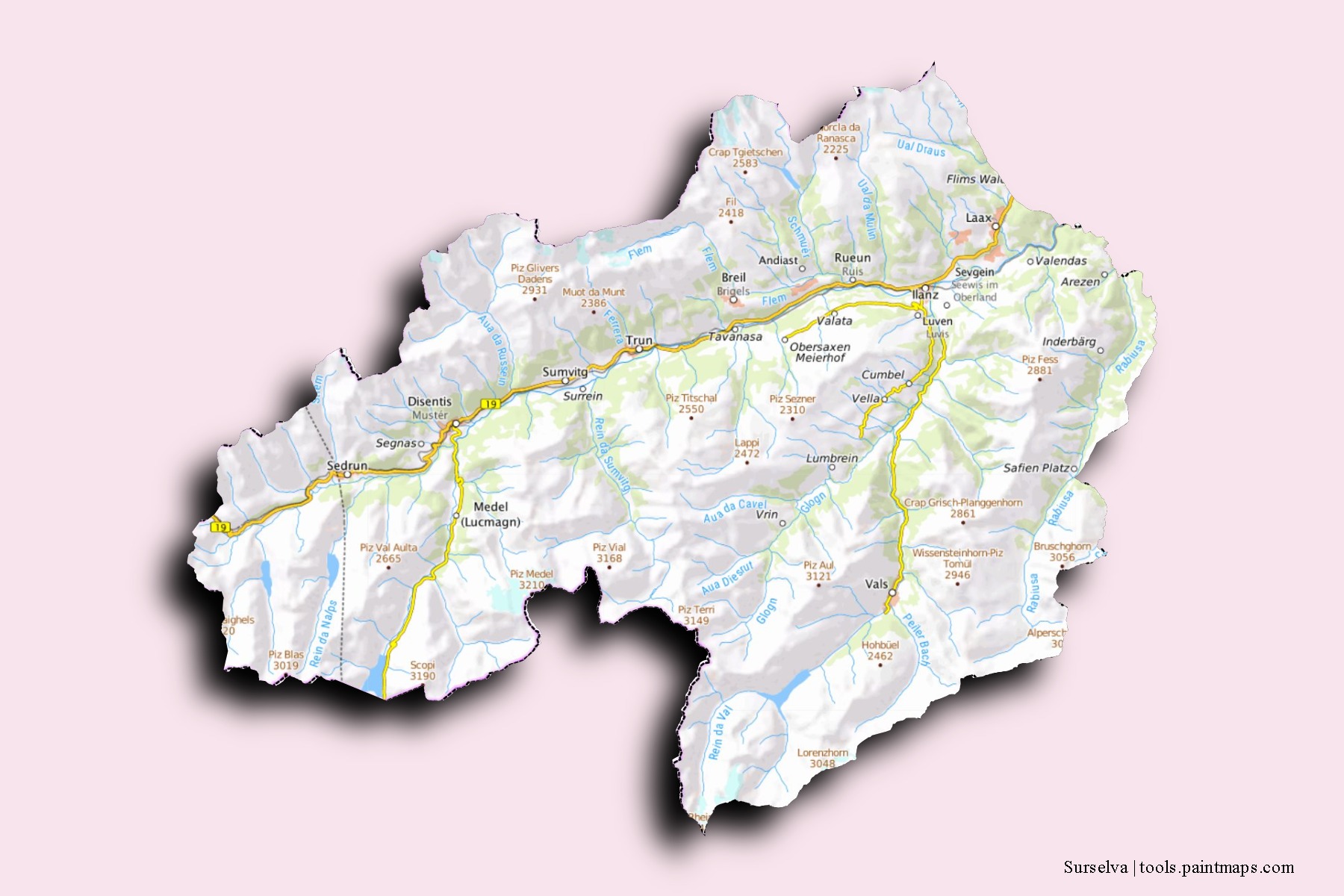 Surselva neighborhoods and villages map with 3D shadow effect