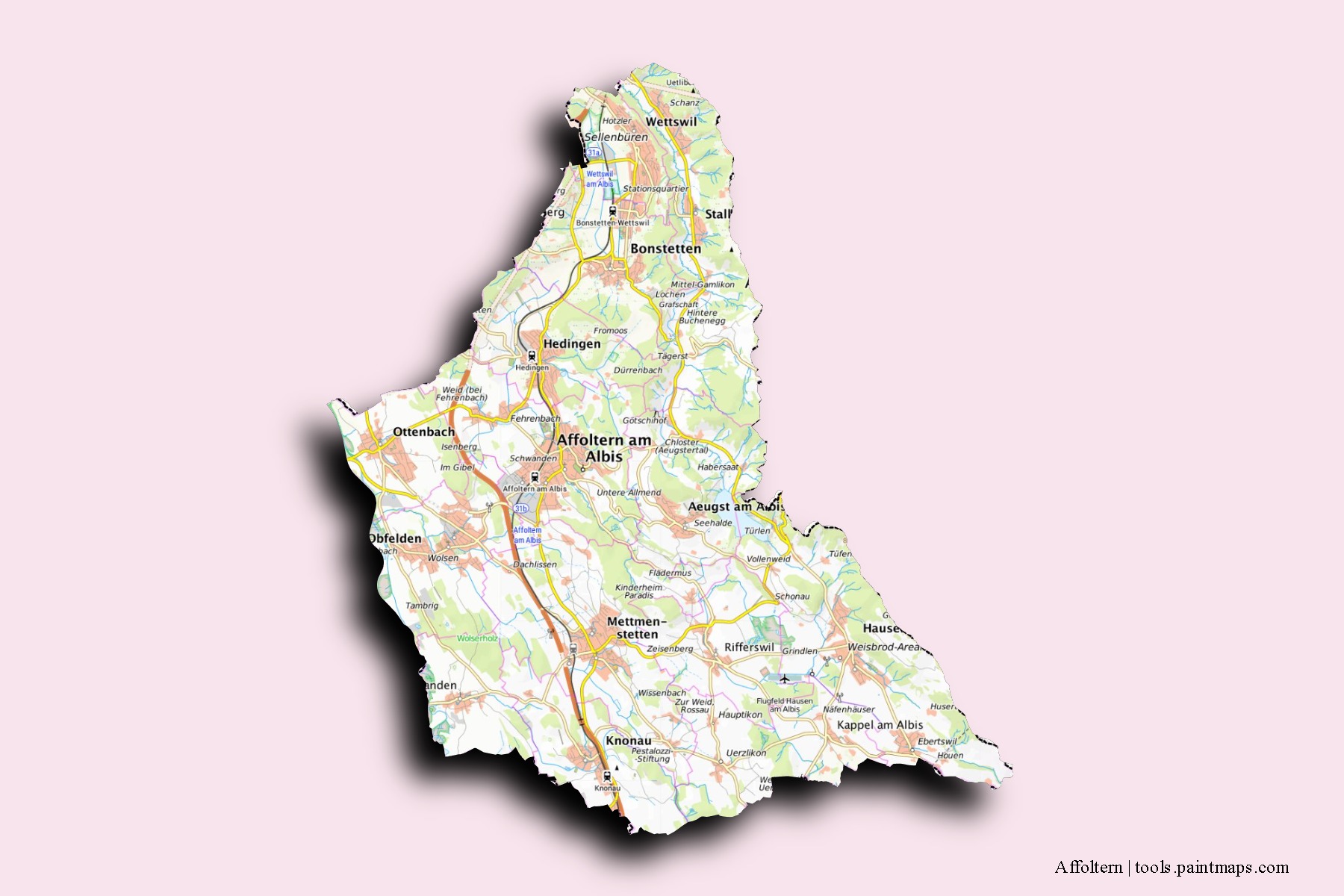 Affoltern neighborhoods and villages map with 3D shadow effect