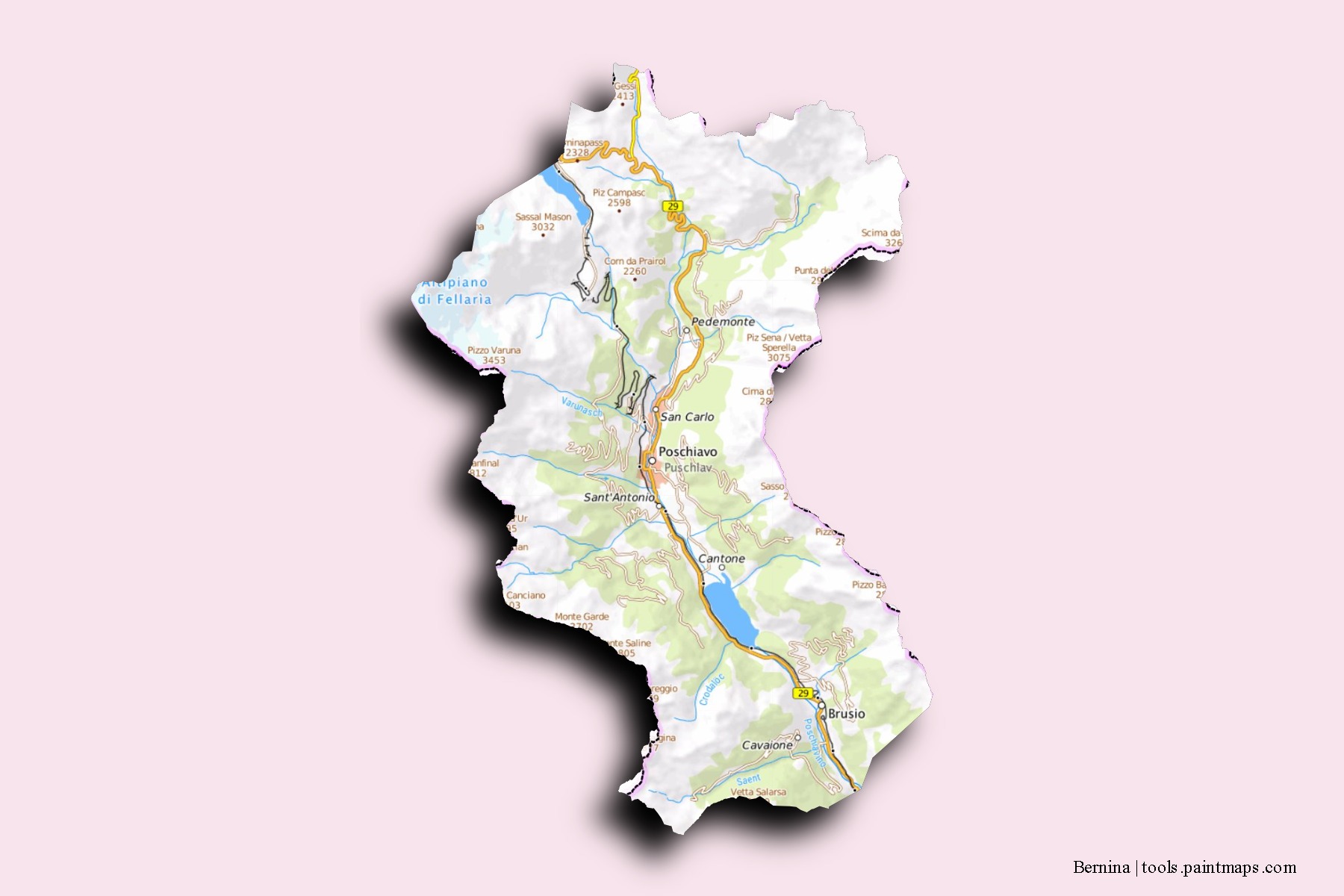 Bernina neighborhoods and villages map with 3D shadow effect