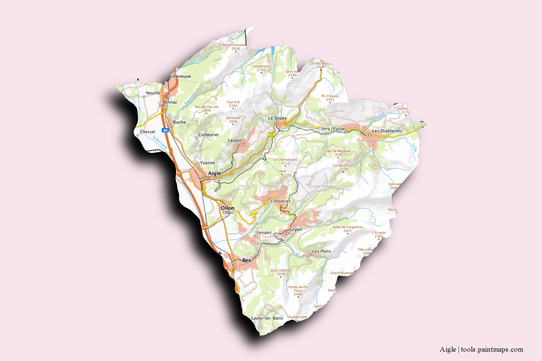 Mapa de barrios y pueblos de Aigle con efecto de sombra 3D