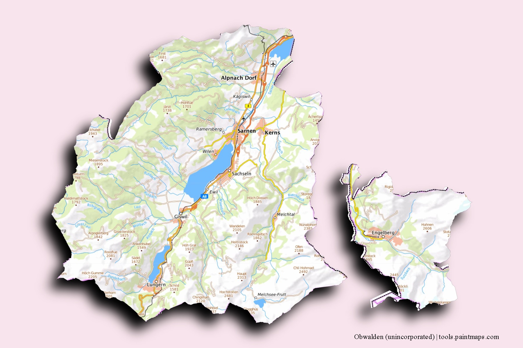 Mapa de barrios y pueblos de Obwalden (unincorporated) con efecto de sombra 3D