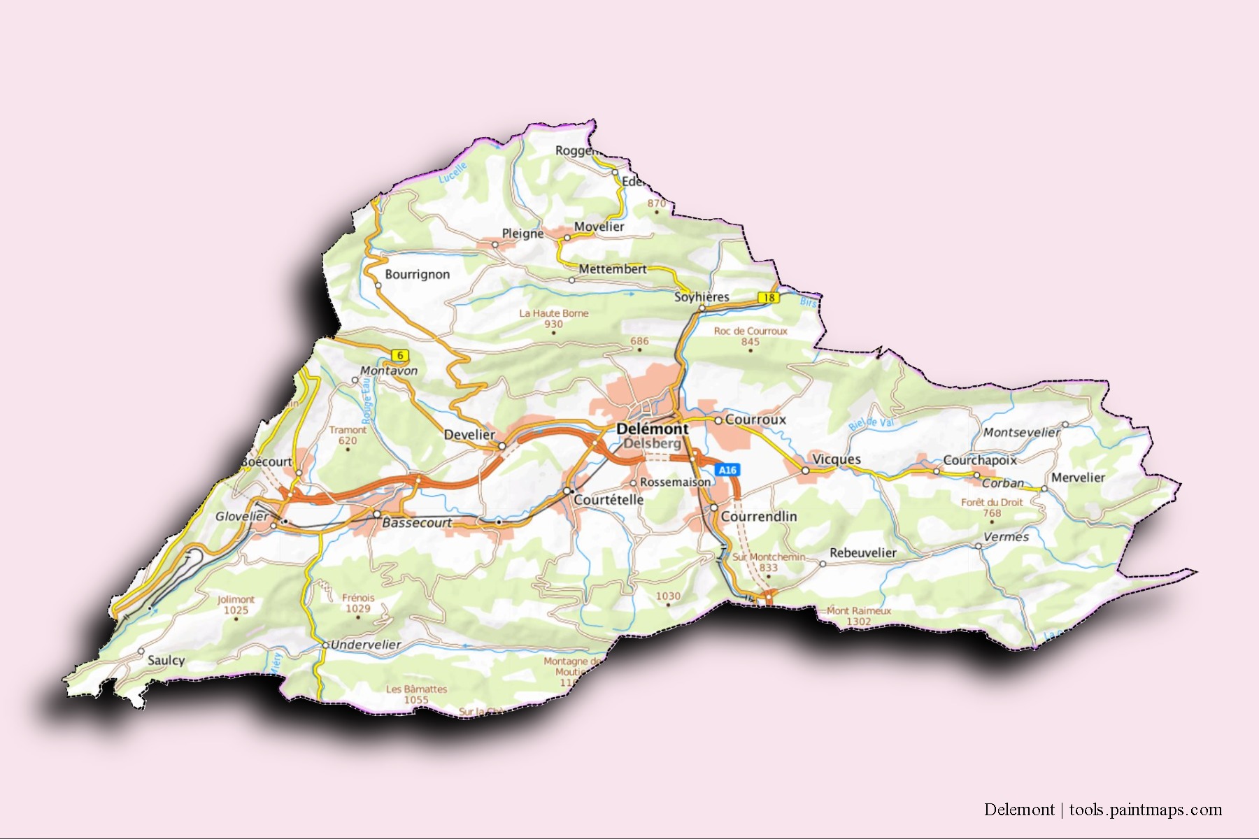 Delemont neighborhoods and villages map with 3D shadow effect