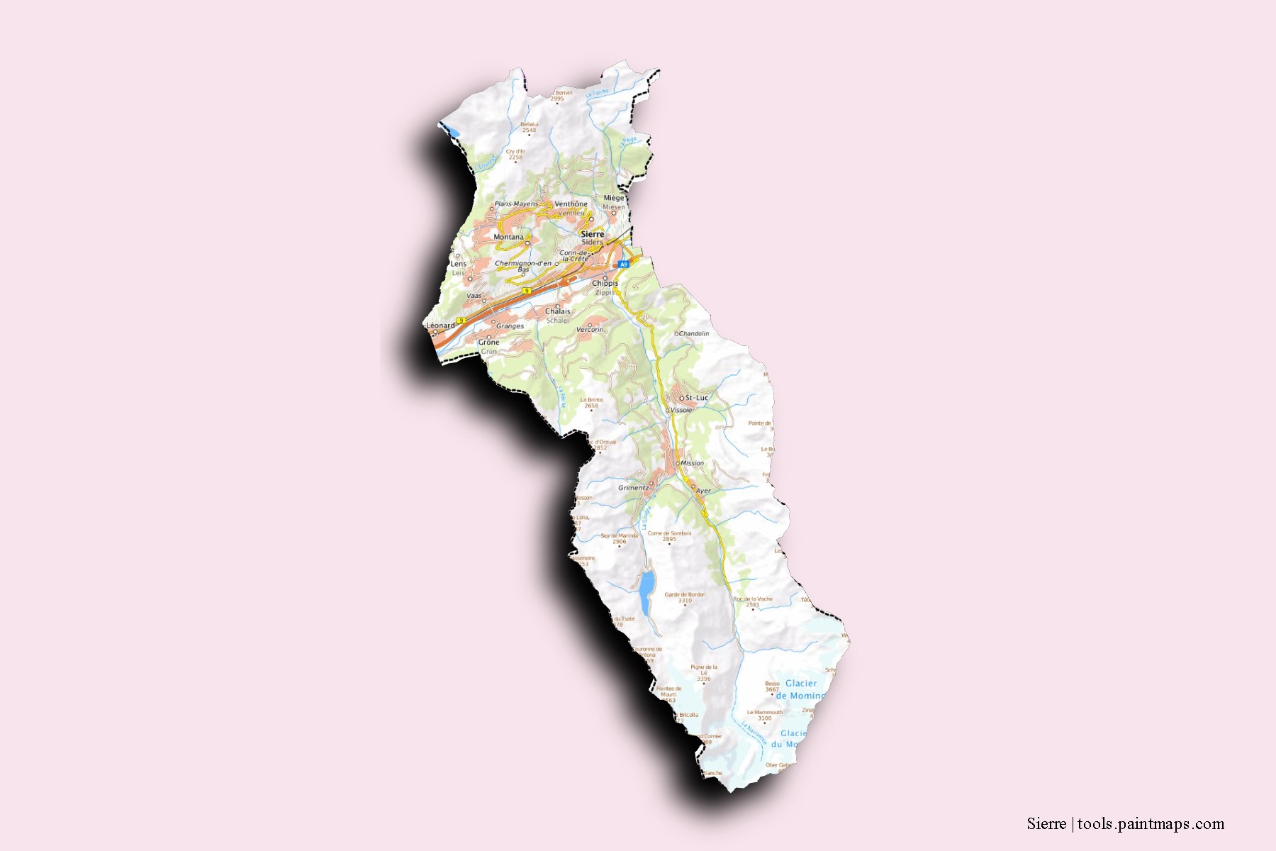 Sierre neighborhoods and villages map with 3D shadow effect