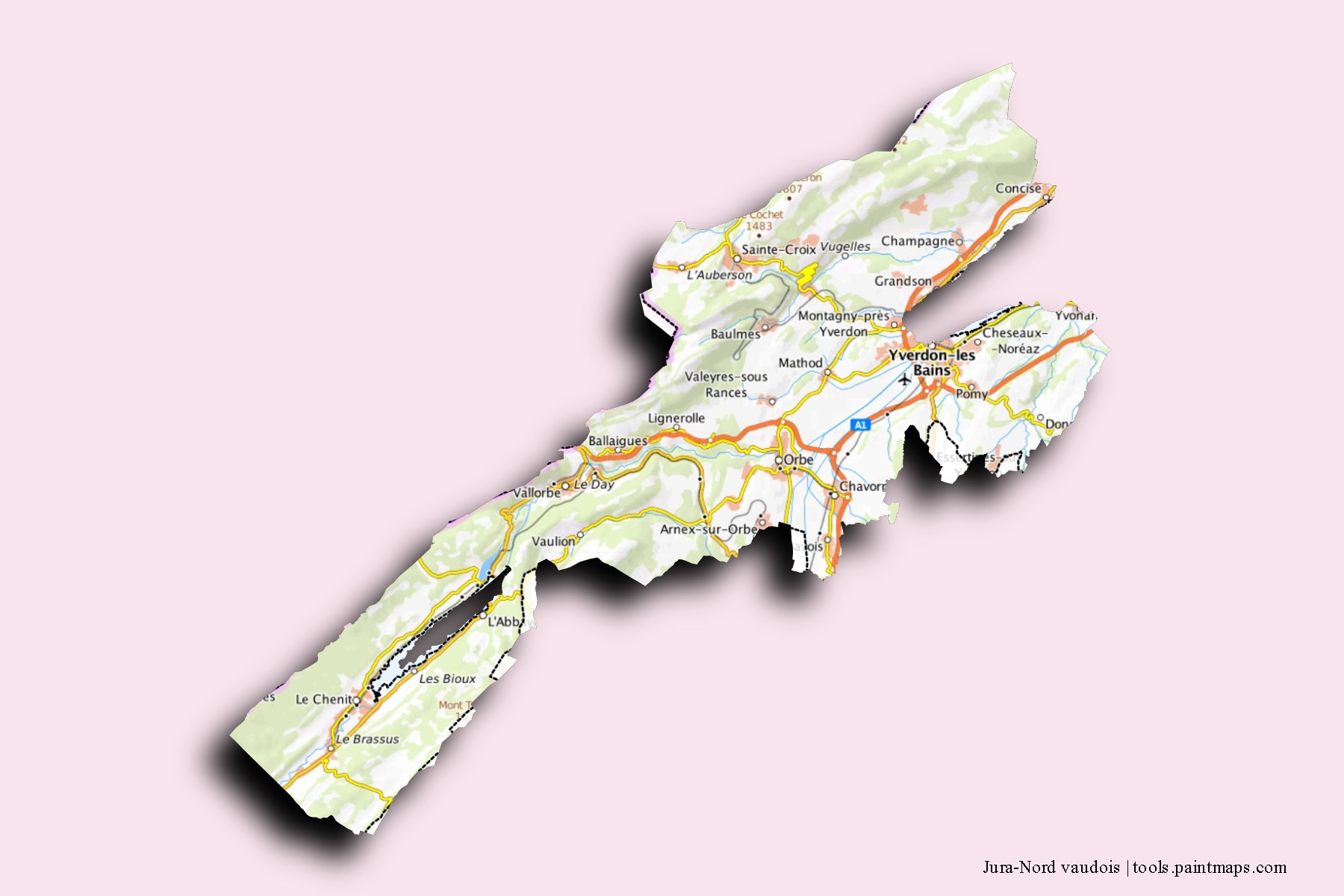 Mapa de barrios y pueblos de Jura-Nord vaudois con efecto de sombra 3D