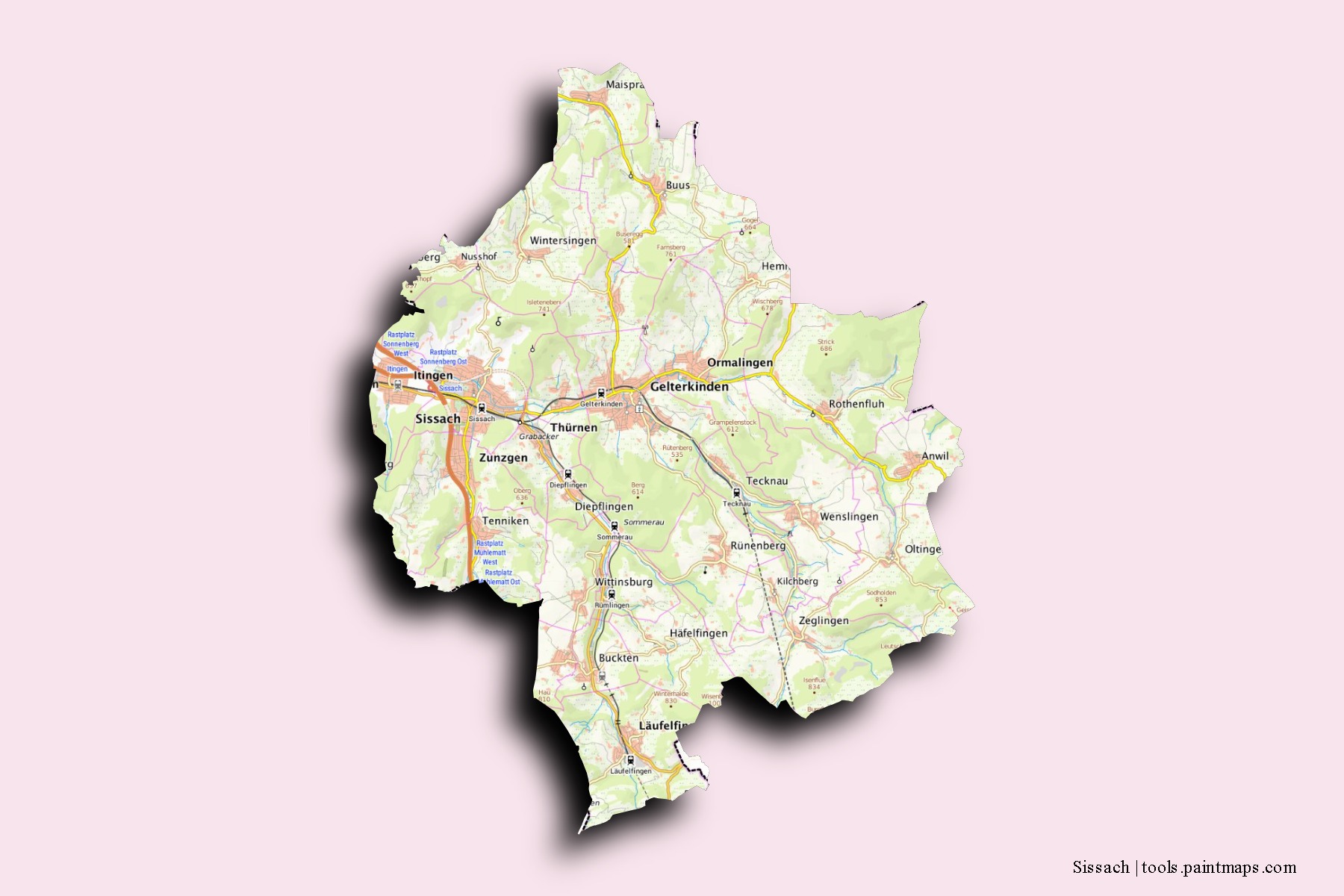 Mapa de barrios y pueblos de Sissach con efecto de sombra 3D