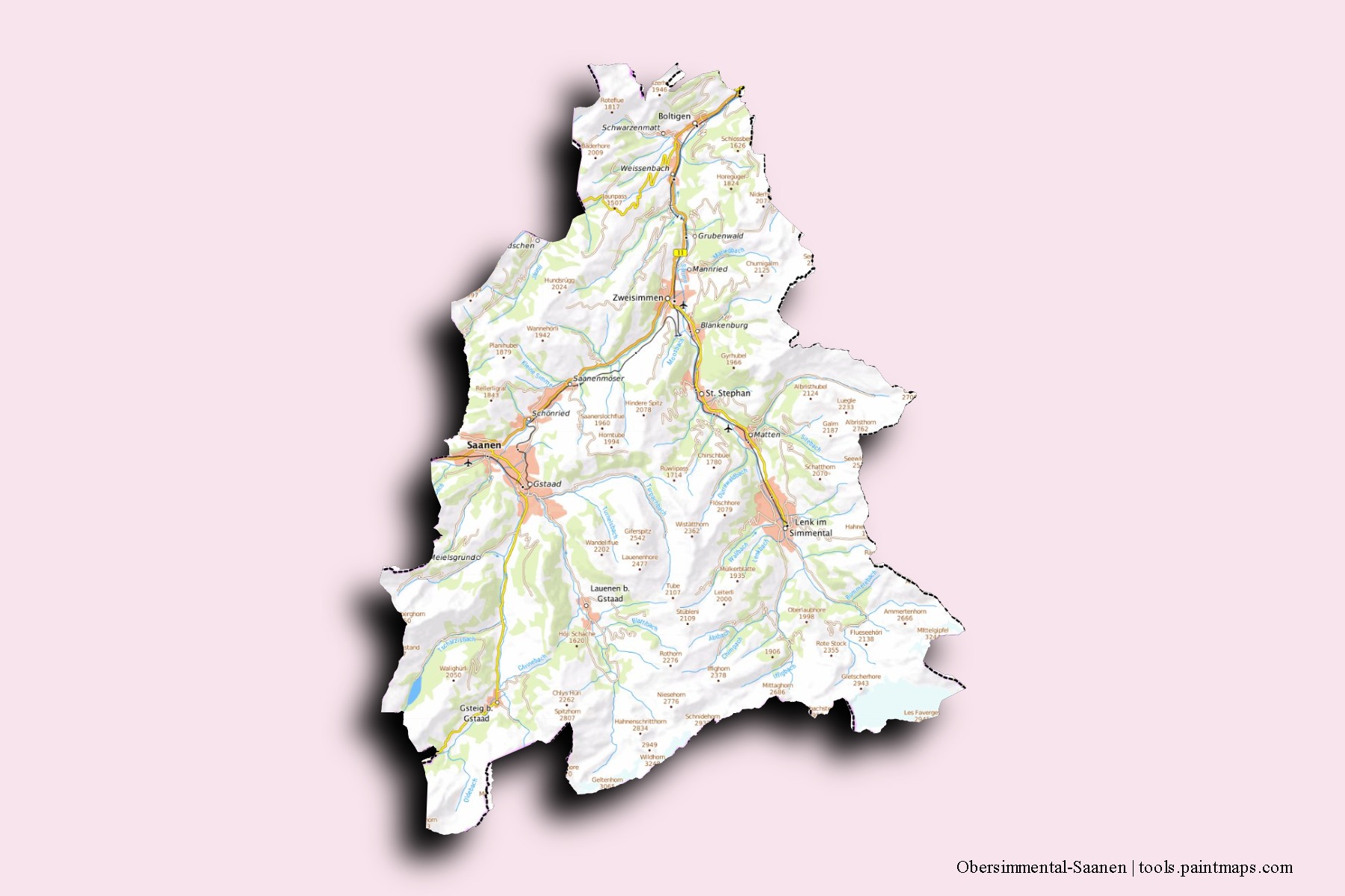3D gölge efektli Obersimmental-Saanen mahalleleri ve köyleri haritası