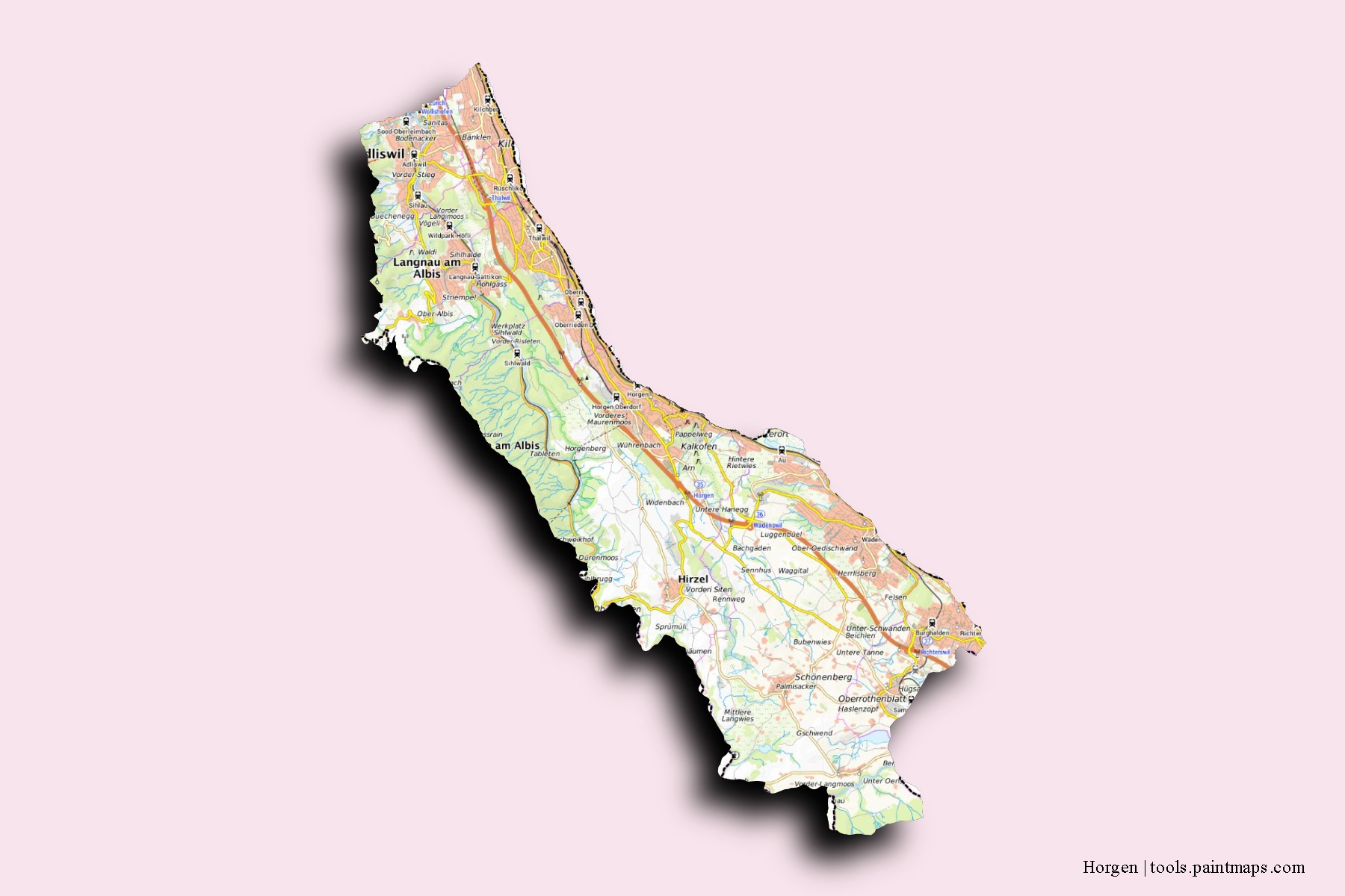 Mapa de barrios y pueblos de Horgen con efecto de sombra 3D