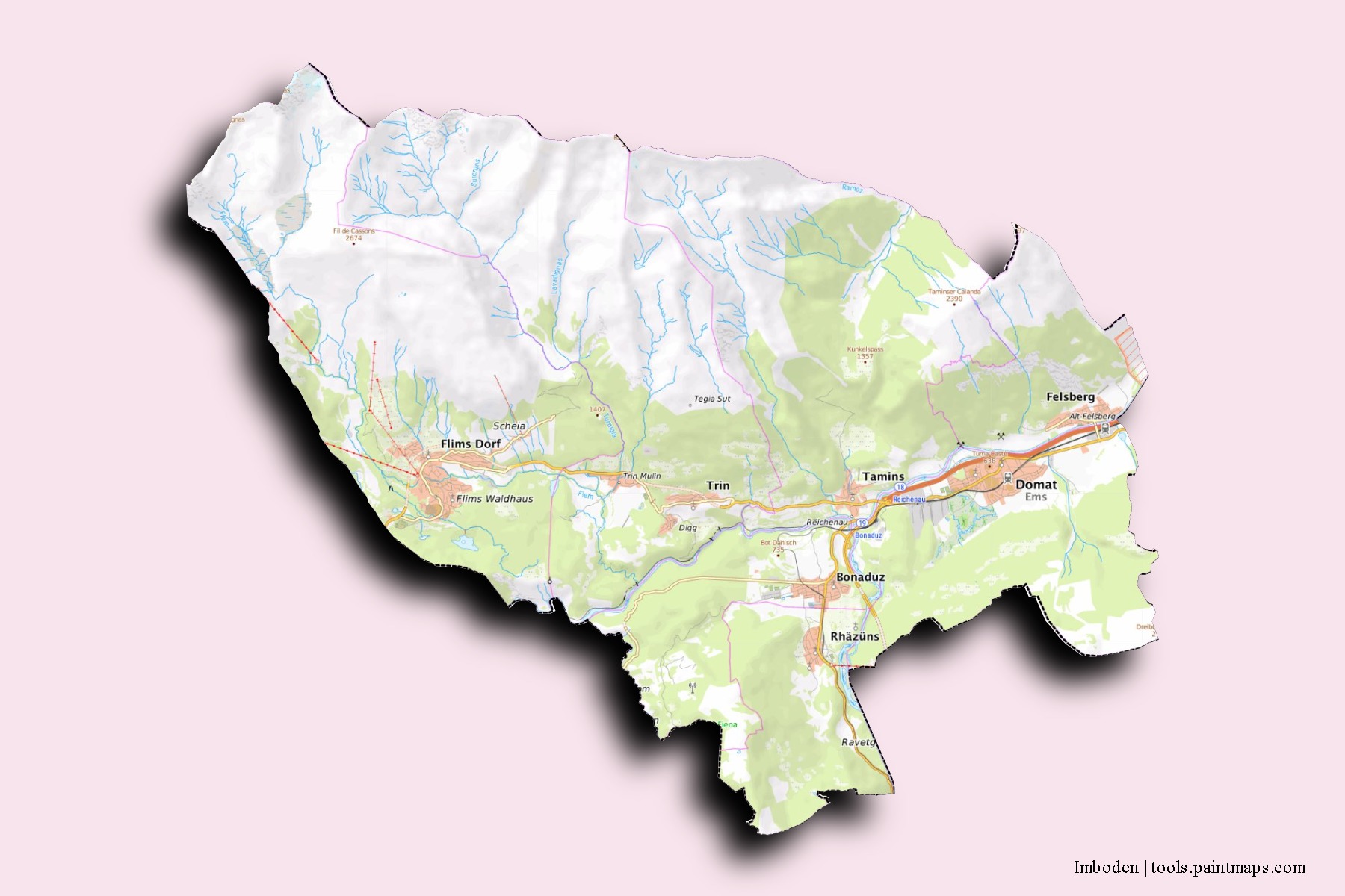 Mapa de barrios y pueblos de Imboden con efecto de sombra 3D