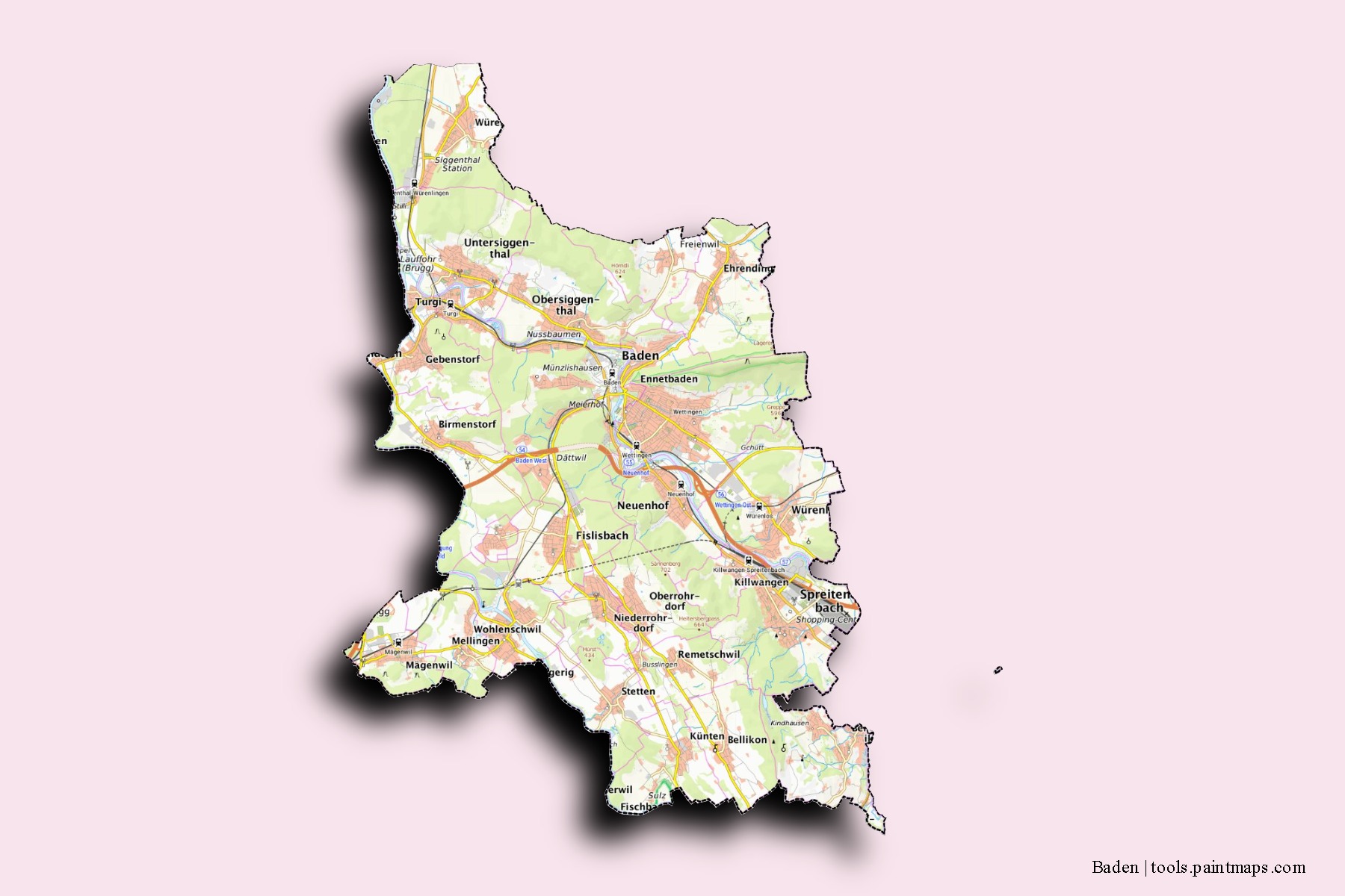 Baden neighborhoods and villages map with 3D shadow effect