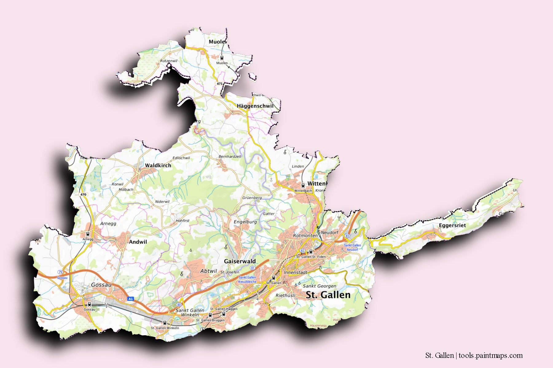 Mapa de barrios y pueblos de St. Gallen con efecto de sombra 3D