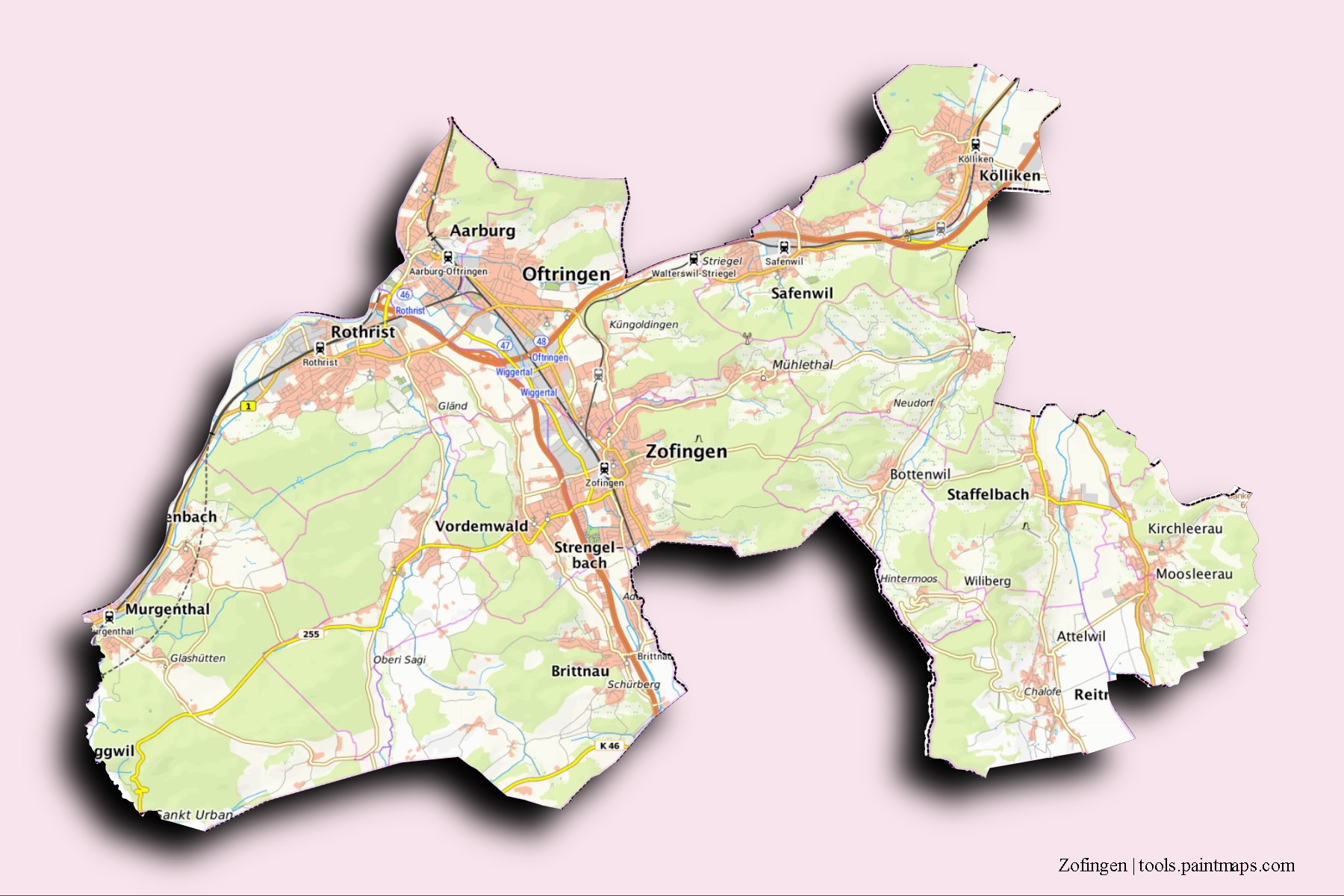 Mapa de barrios y pueblos de Zofingen con efecto de sombra 3D