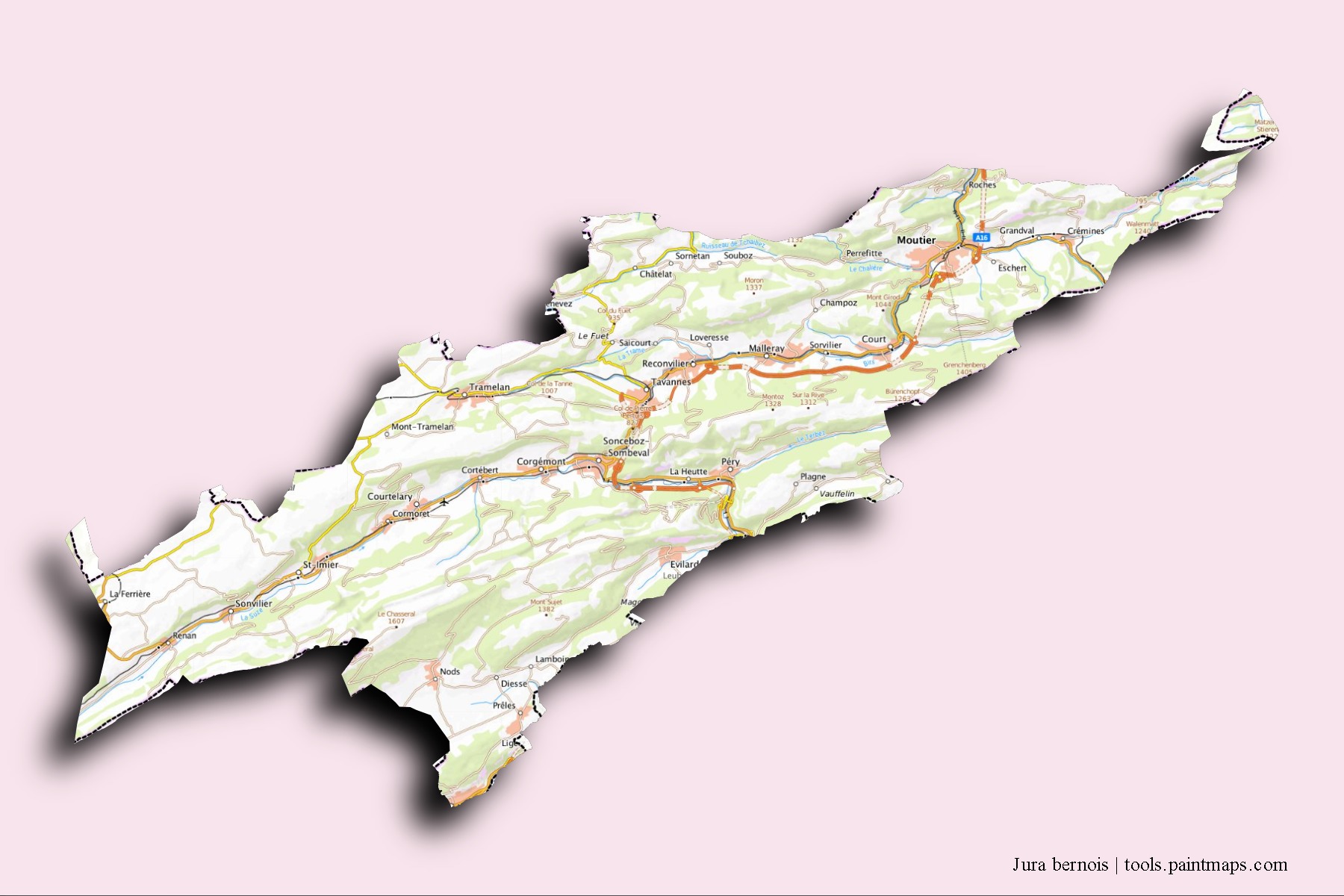 3D gölge efektli Jura bernois mahalleleri ve köyleri haritası