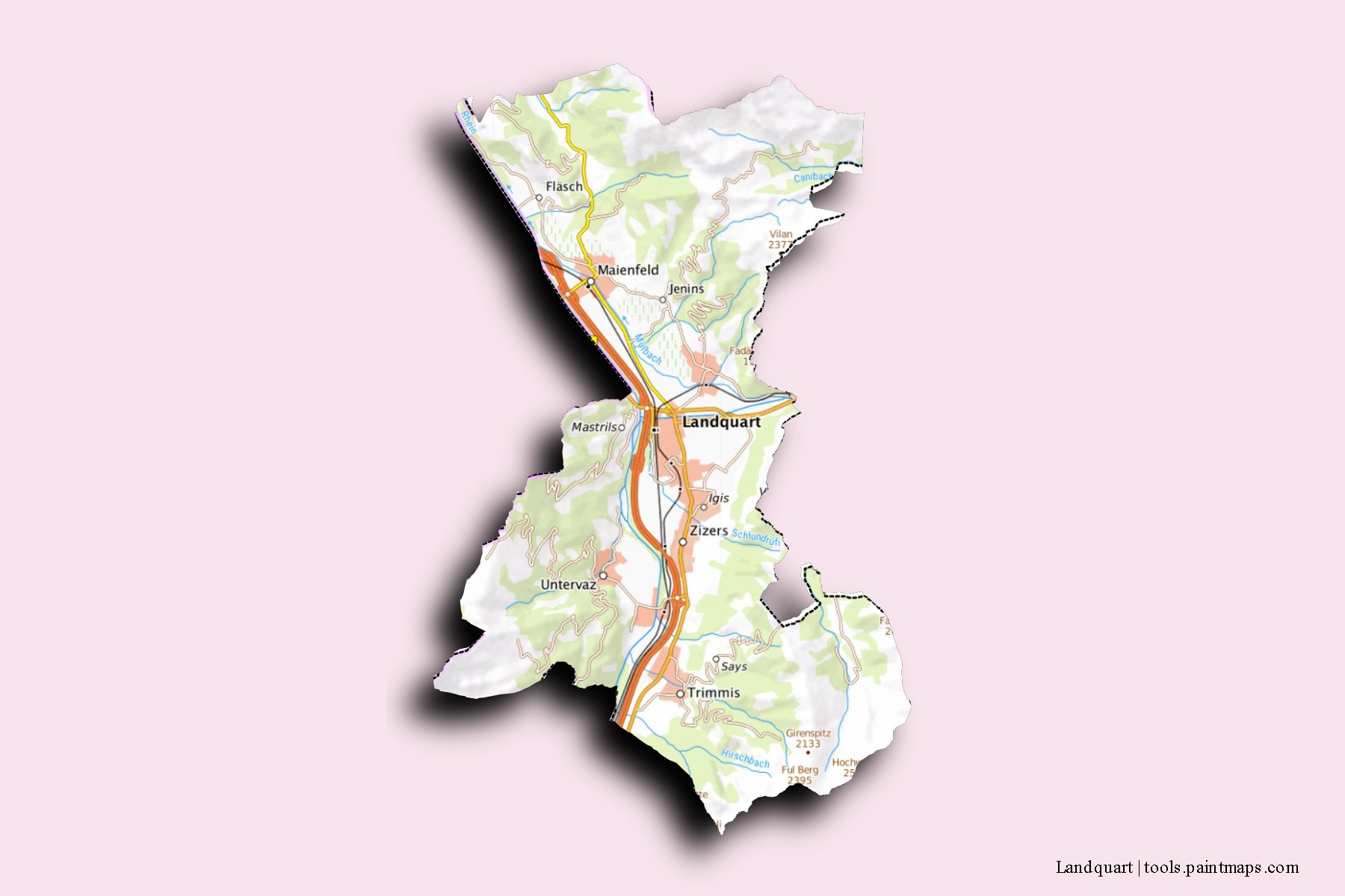 Landquart neighborhoods and villages map with 3D shadow effect