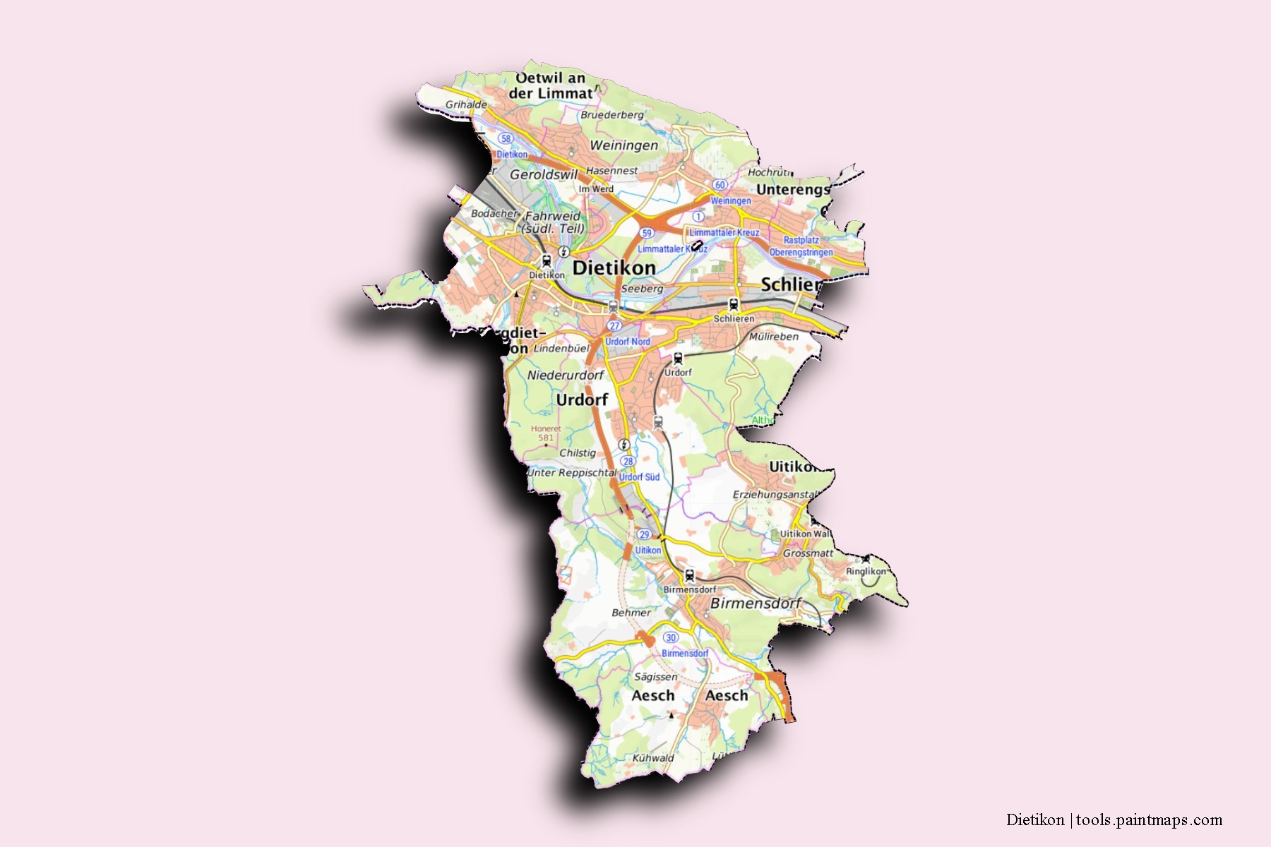 Mapa de barrios y pueblos de Dietikon con efecto de sombra 3D