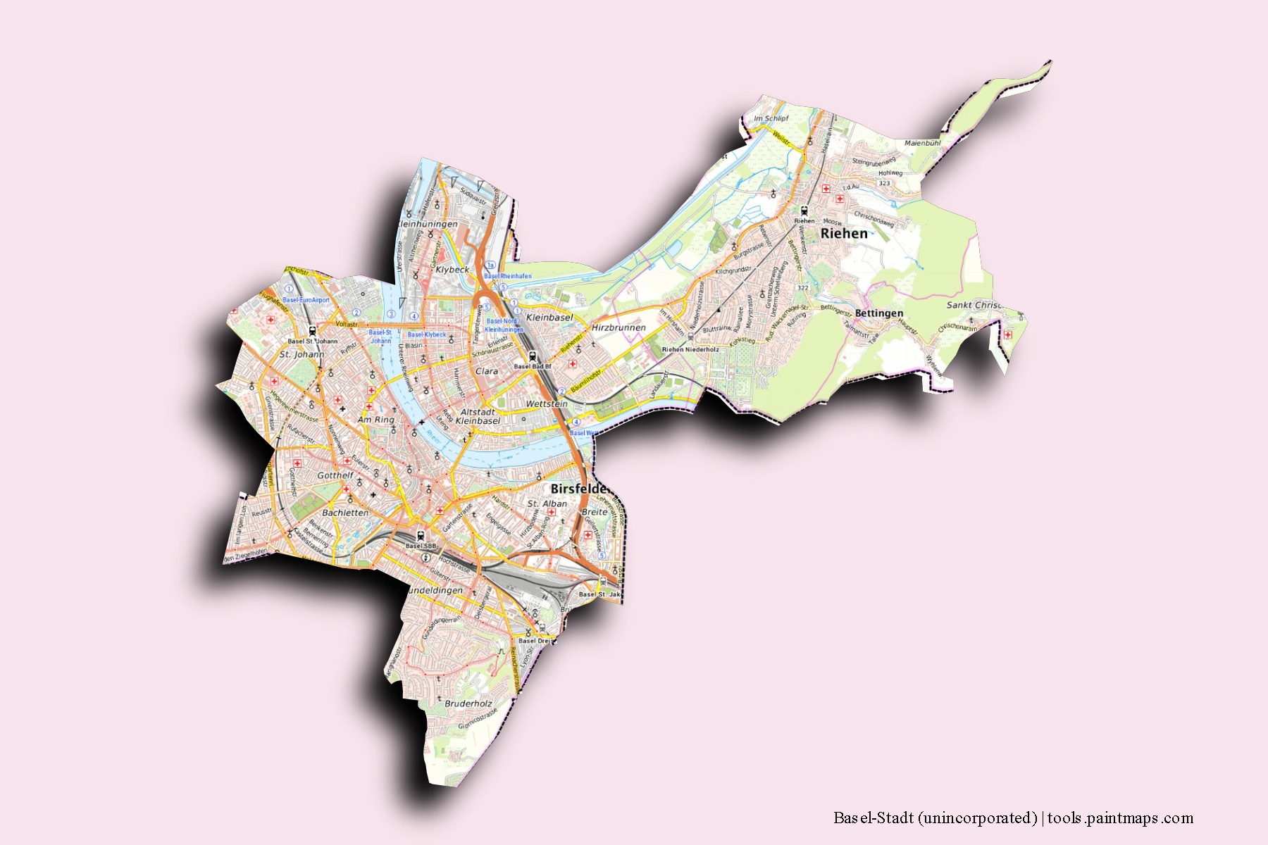 Basel-Stadt neighborhoods and villages map with 3D shadow effect